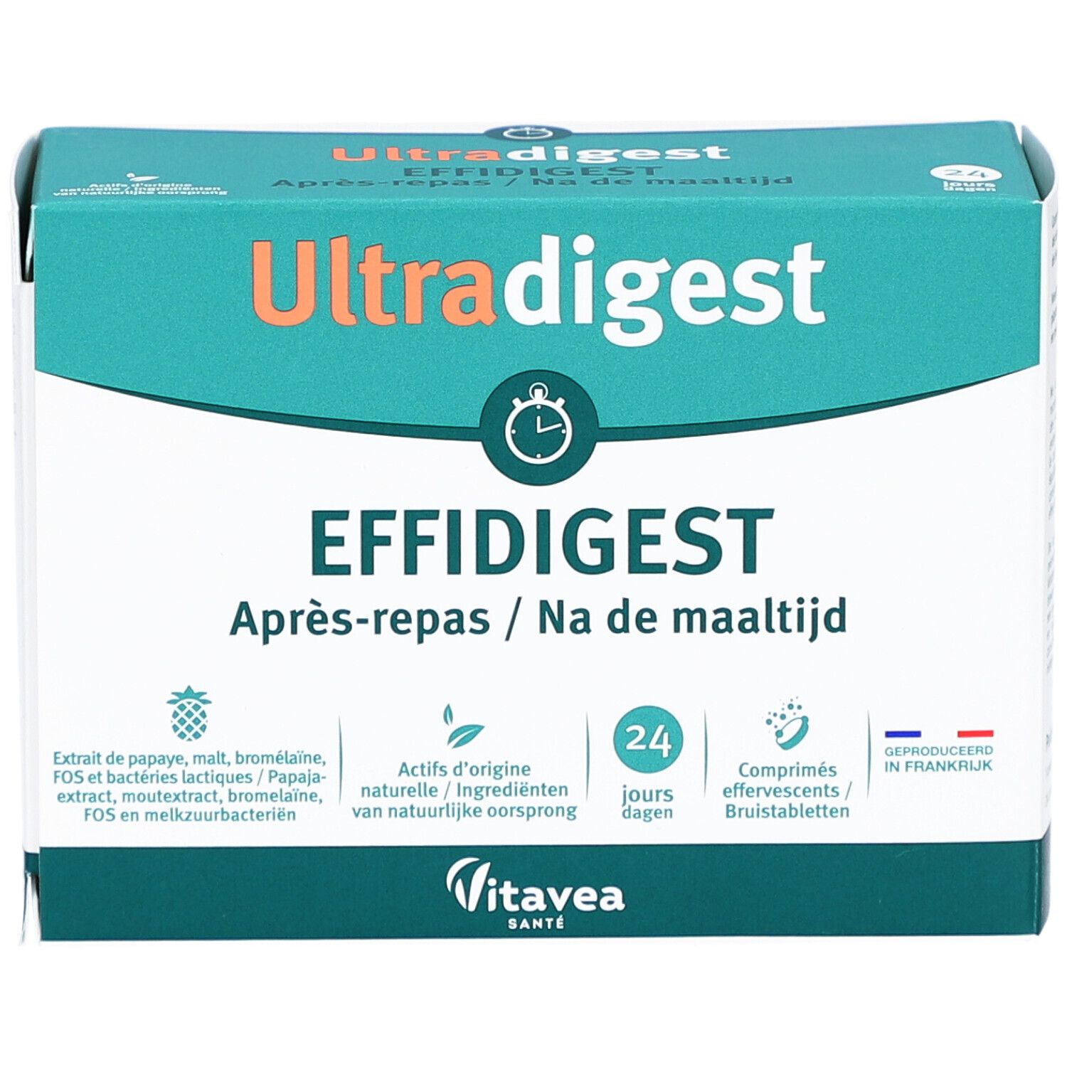 Vorderansicht der UltraDigest Effidigest Après-Repas Verpackung. Grün-weiße Schachtel mit Produktnamen, Logo und 24 Tabletten.