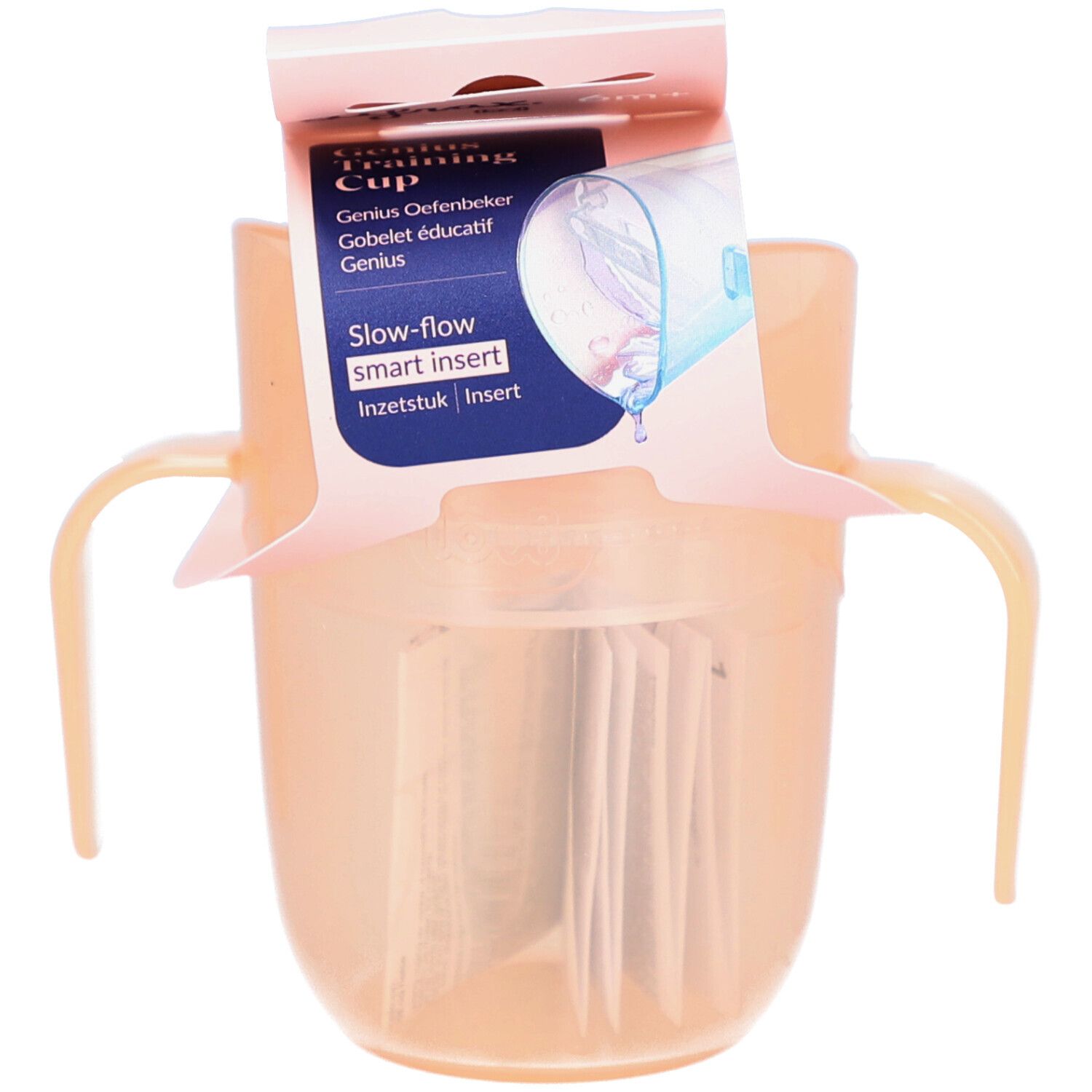 Trinklernbecher mit Griffen und Verpackung. Auf der Verpackung steht "Genius Oefenbeker" und "Slow-flow smart insert".