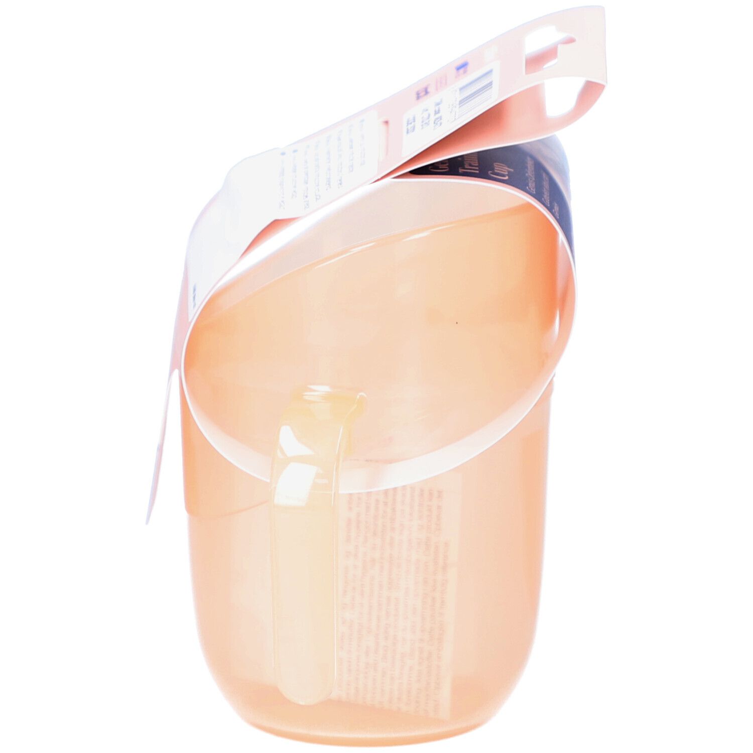 Trinklernbecher, seitliche Ansicht mit Verpackung. Der Becher ist transparent und hat einen Griff.