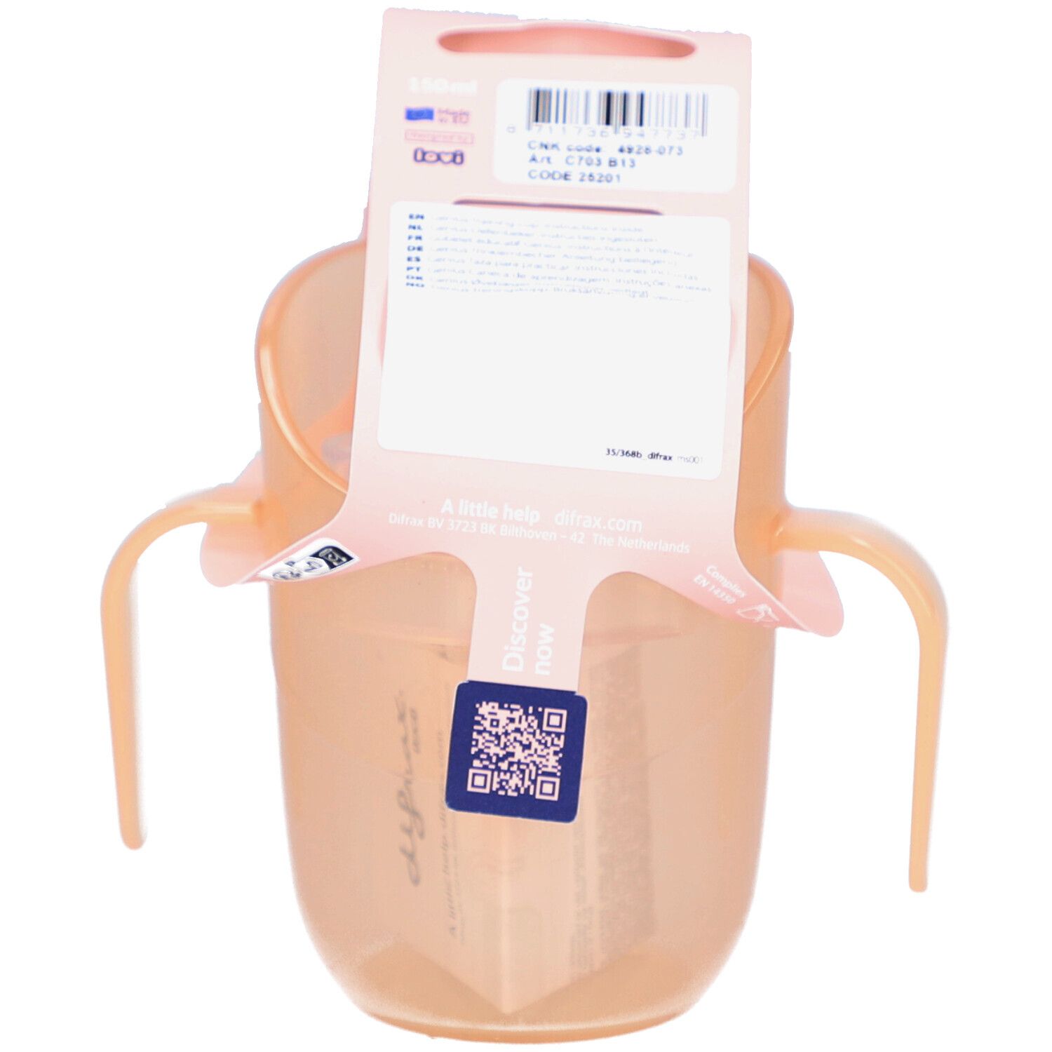 Trinklernbecher mit Verpackung. Auf der Verpackung sind QR-Code und Markenname "difrax" sichtbar.