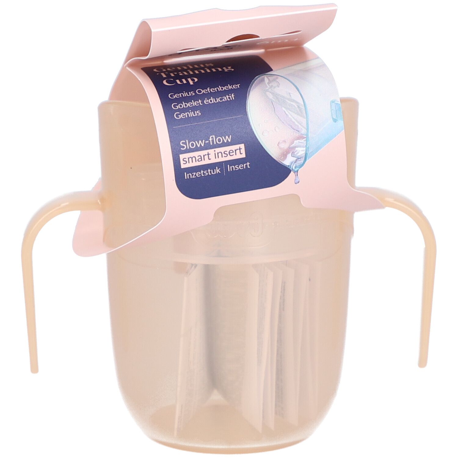 Trinklernbecher mit Griffen und Verpackung. Auf der Verpackung steht "Genius Oefenbeker" und "Slow-flow smart insert".