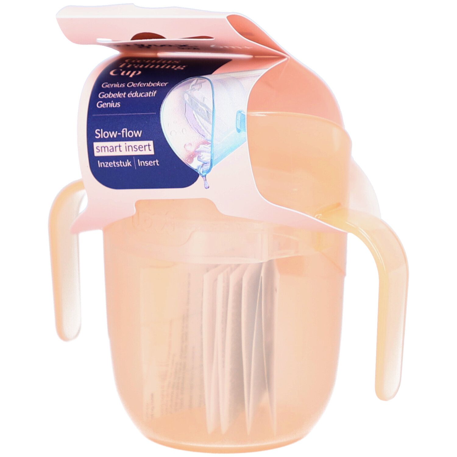 Trinklernbecher mit Griffen und Verpackung. Auf der Verpackung steht "Genius Oefenbeker" und "Slow-flow smart insert".