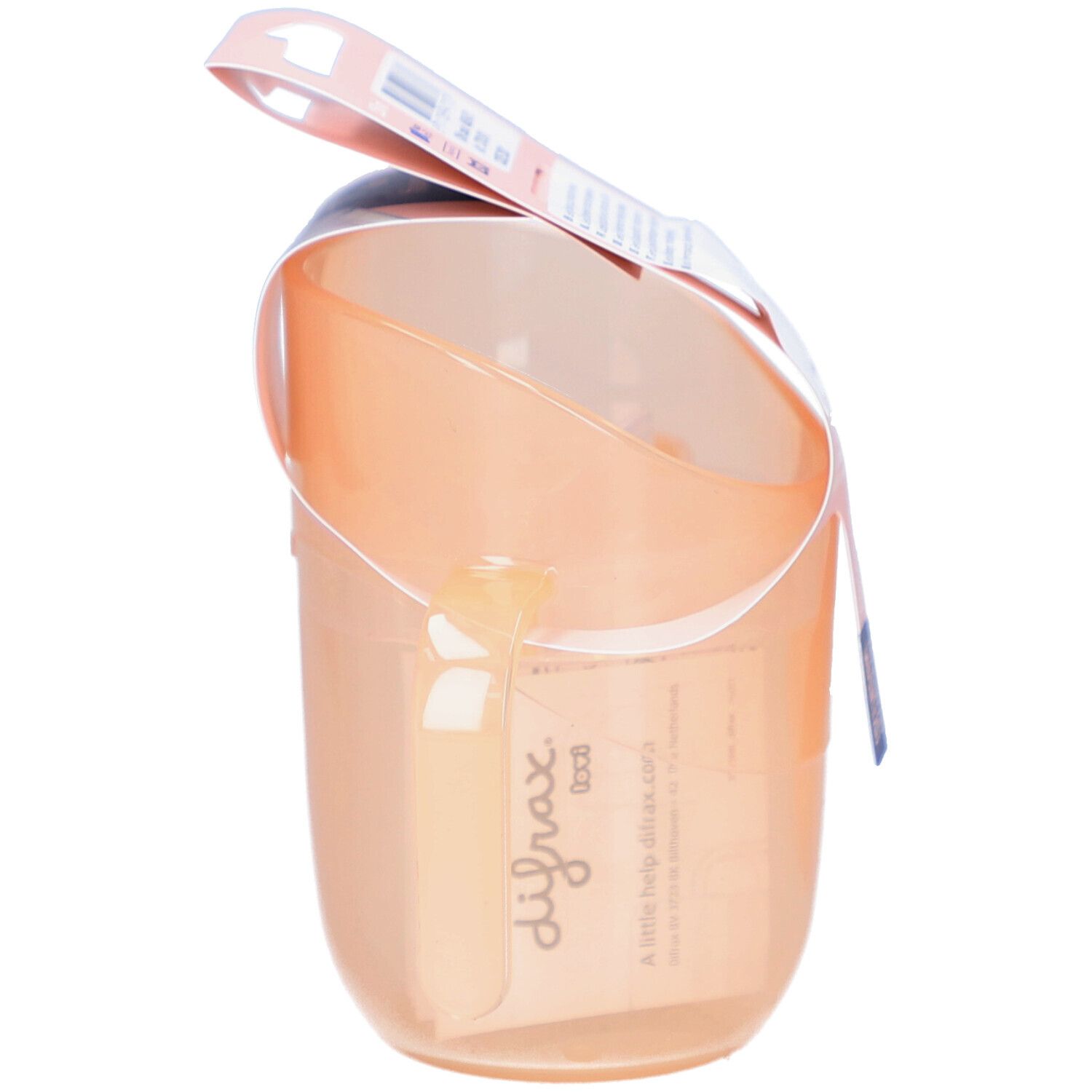 Trinklernbecher, seitliche Ansicht mit Verpackung. Der Becher ist transparent und hat einen Griff. Markenname "difrax".