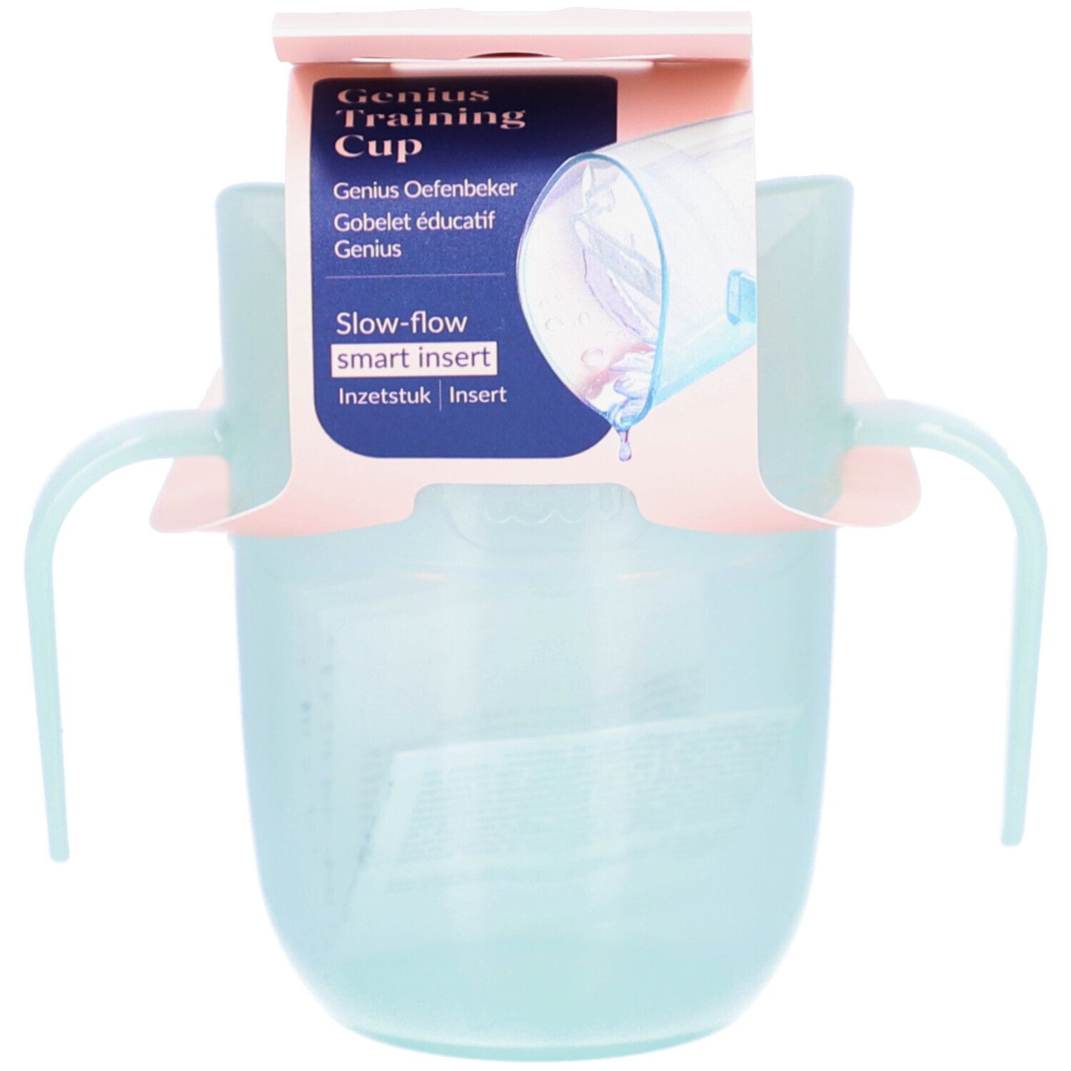 Gobelet d'apprentissage bleu clair avec poignées et support rose. Emballage avec nom et caractéristiques du produit.