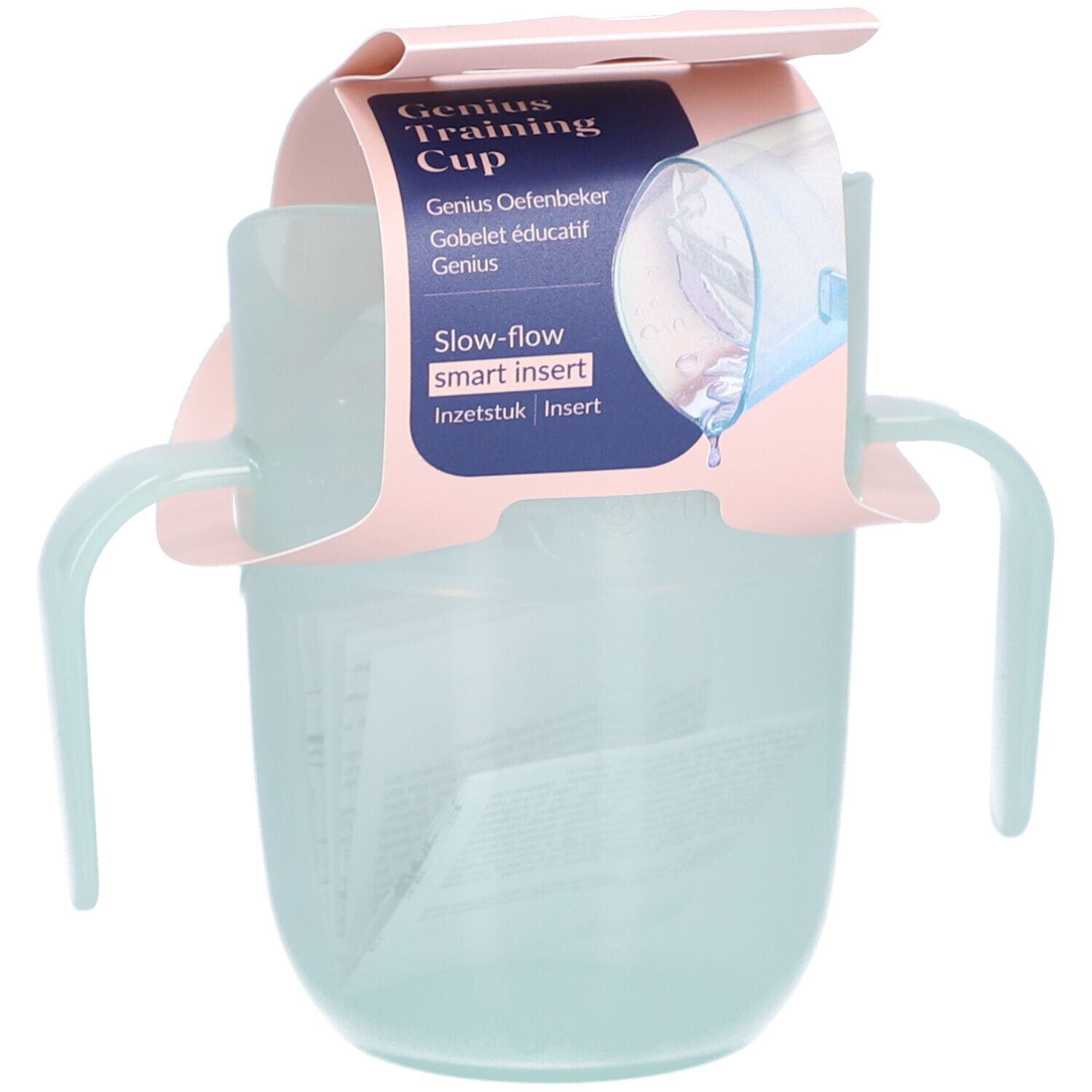 Gobelet d'apprentissage bleu clair avec poignées et support rose. Emballage avec nom et caractéristiques du produit.