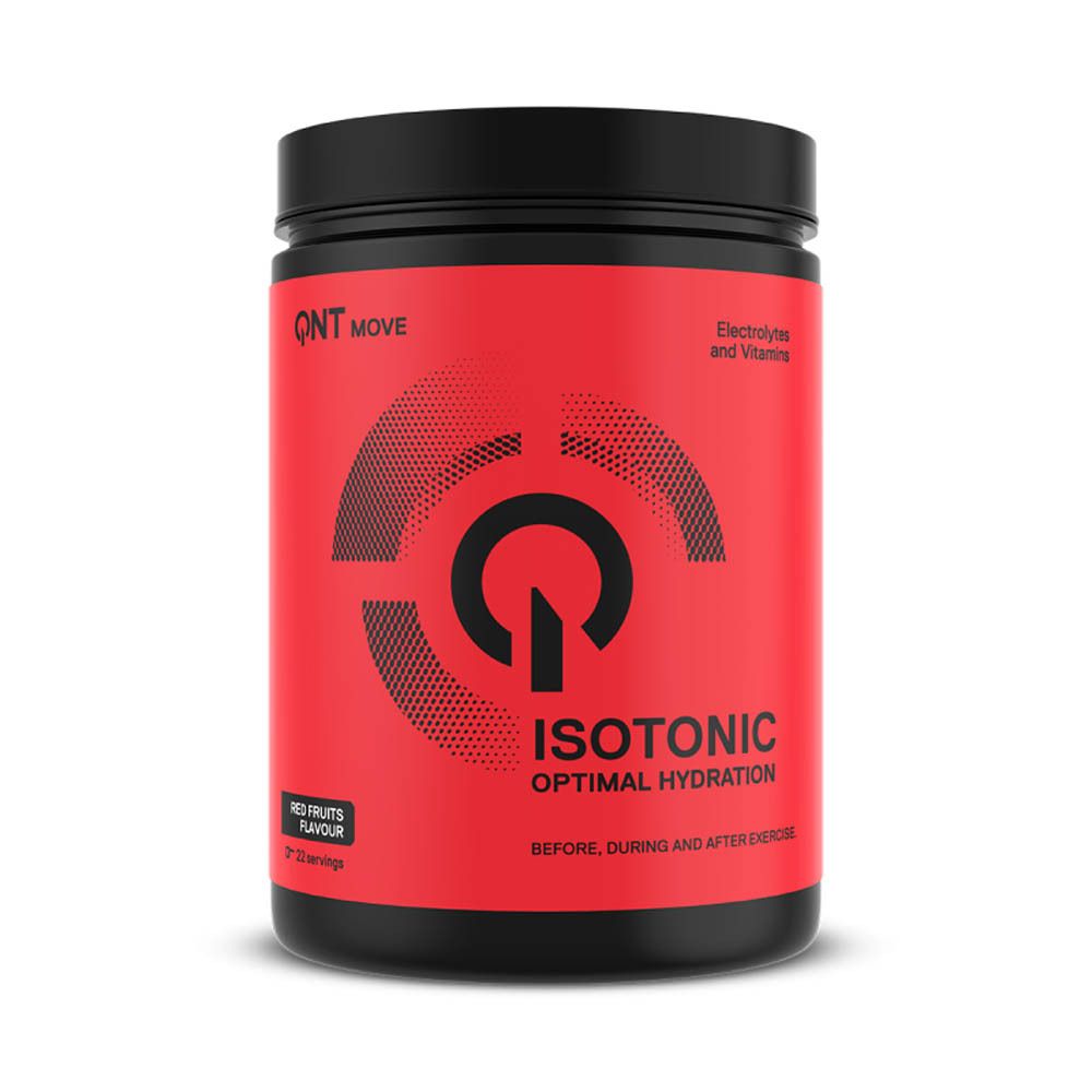 Pot rouge avec couvercle noir. Inscription QNT MOVE, ISOTONIC, Red Fruits Flavour. Contient des électrolytes et des vitamines.