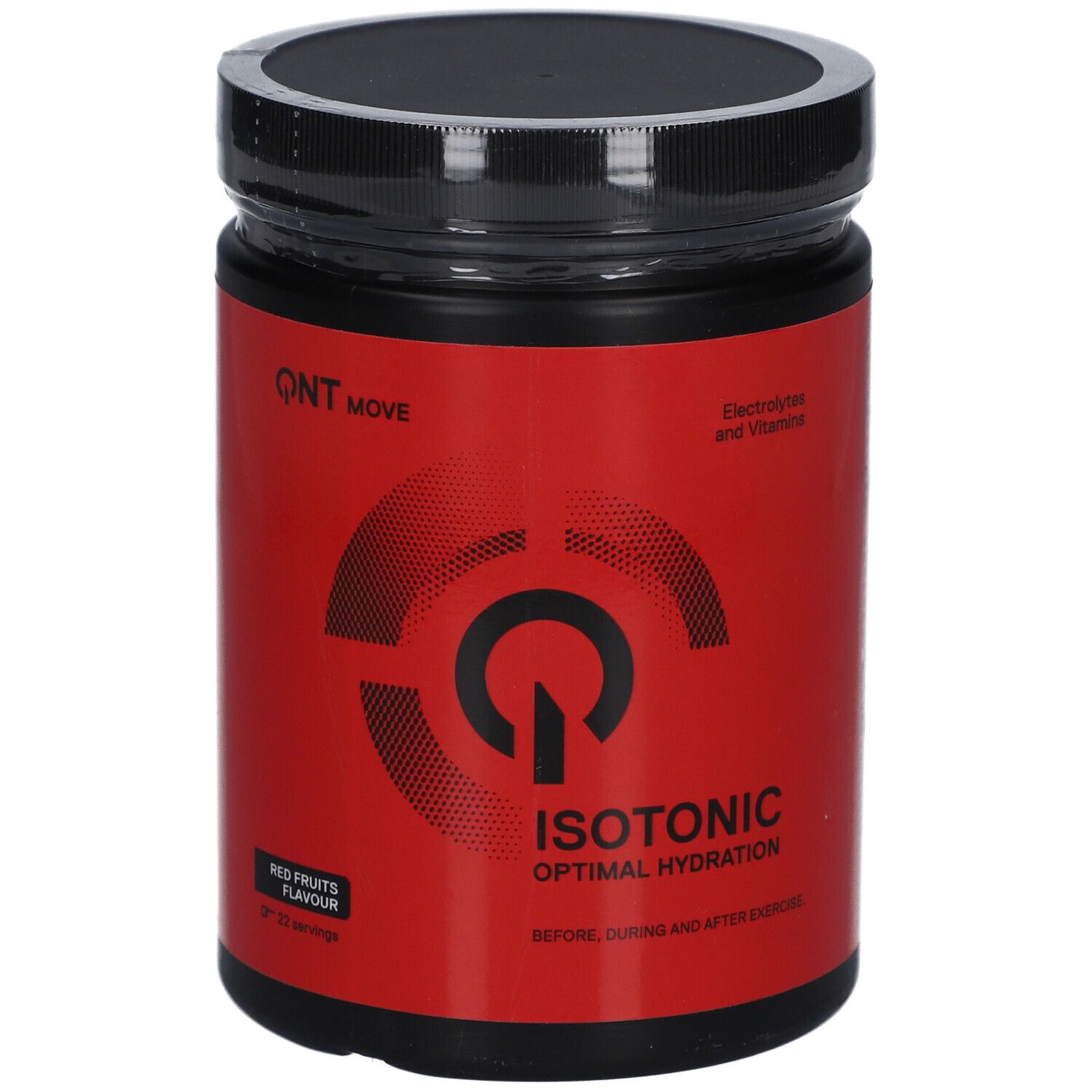 Rote Dose mit schwarzem Deckel. Aufschrift QNT MOVE, ISOTONIC, Red Fruits Flavour. Enthält Elektrolyte und Vitamine.