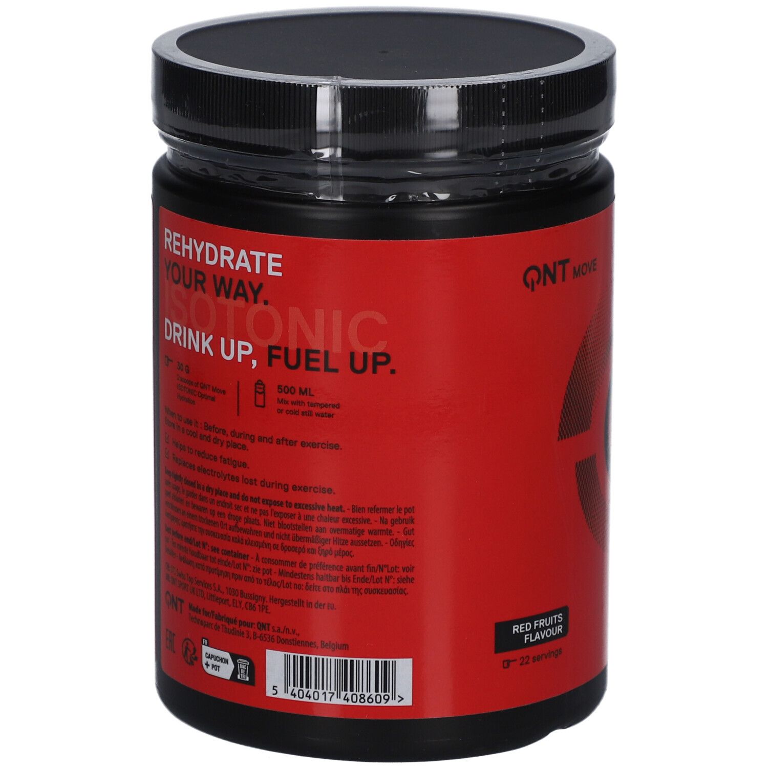Rote Dose mit schwarzem Deckel. Aufschrift QNT MOVE, ISOTONIC. Rückseite mit Text und Nährwertangaben. Red Fruits Flavour.