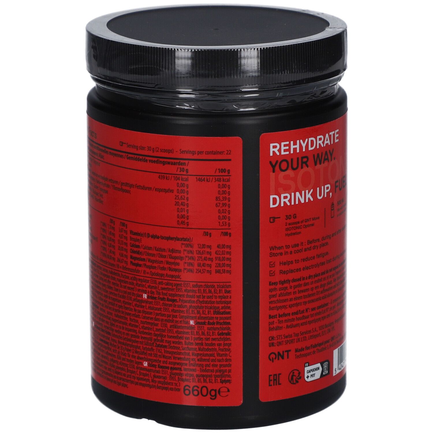 Rote Dose mit schwarzem Deckel. Rückseite mit Nährwertangaben und Inhaltsstoffen. QNT MOVE, ISOTONIC, 660g.