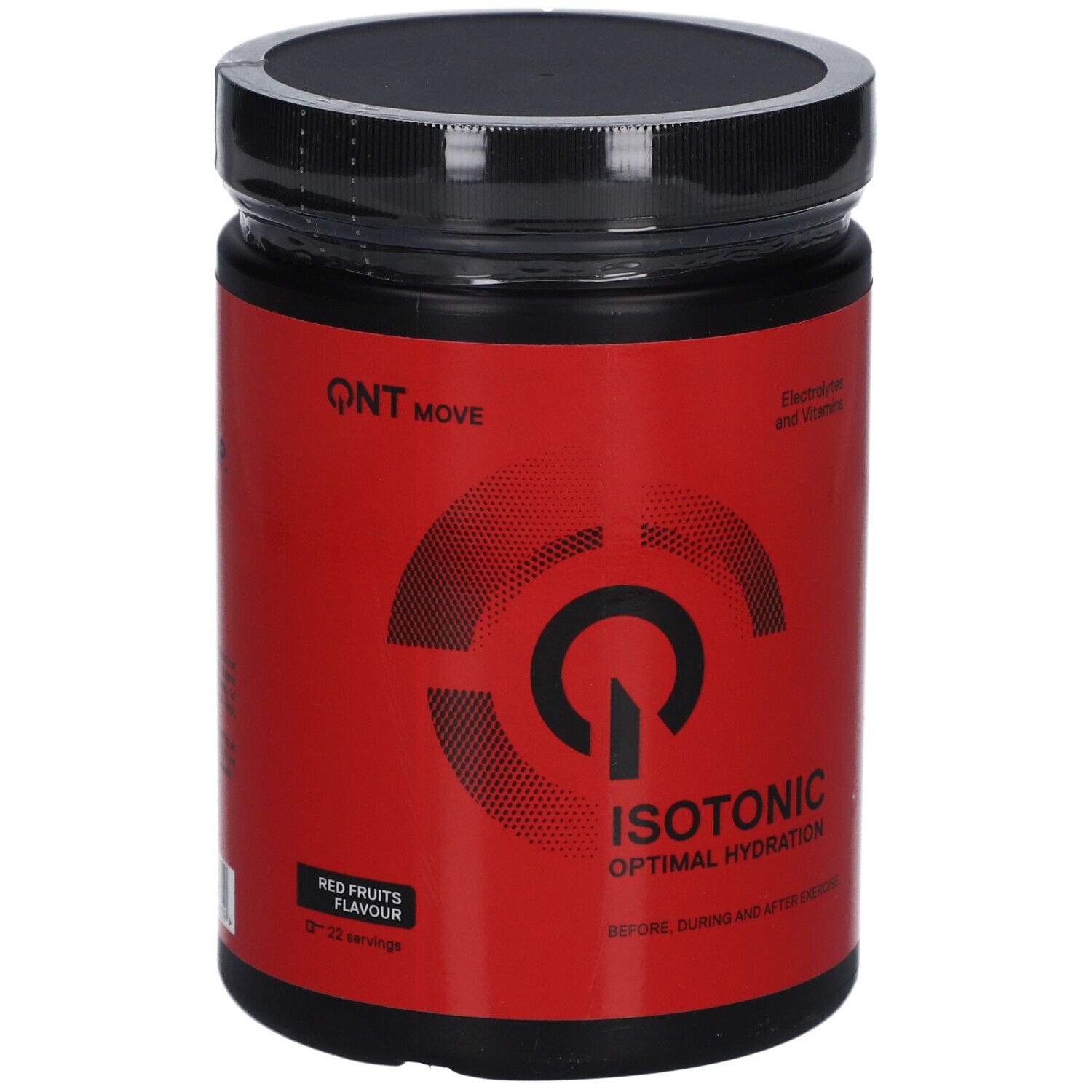 Rote Dose mit schwarzem Deckel. Aufschrift QNT MOVE, ISOTONIC, Red Fruits Flavour. Enthält Elektrolyte und Vitamine.