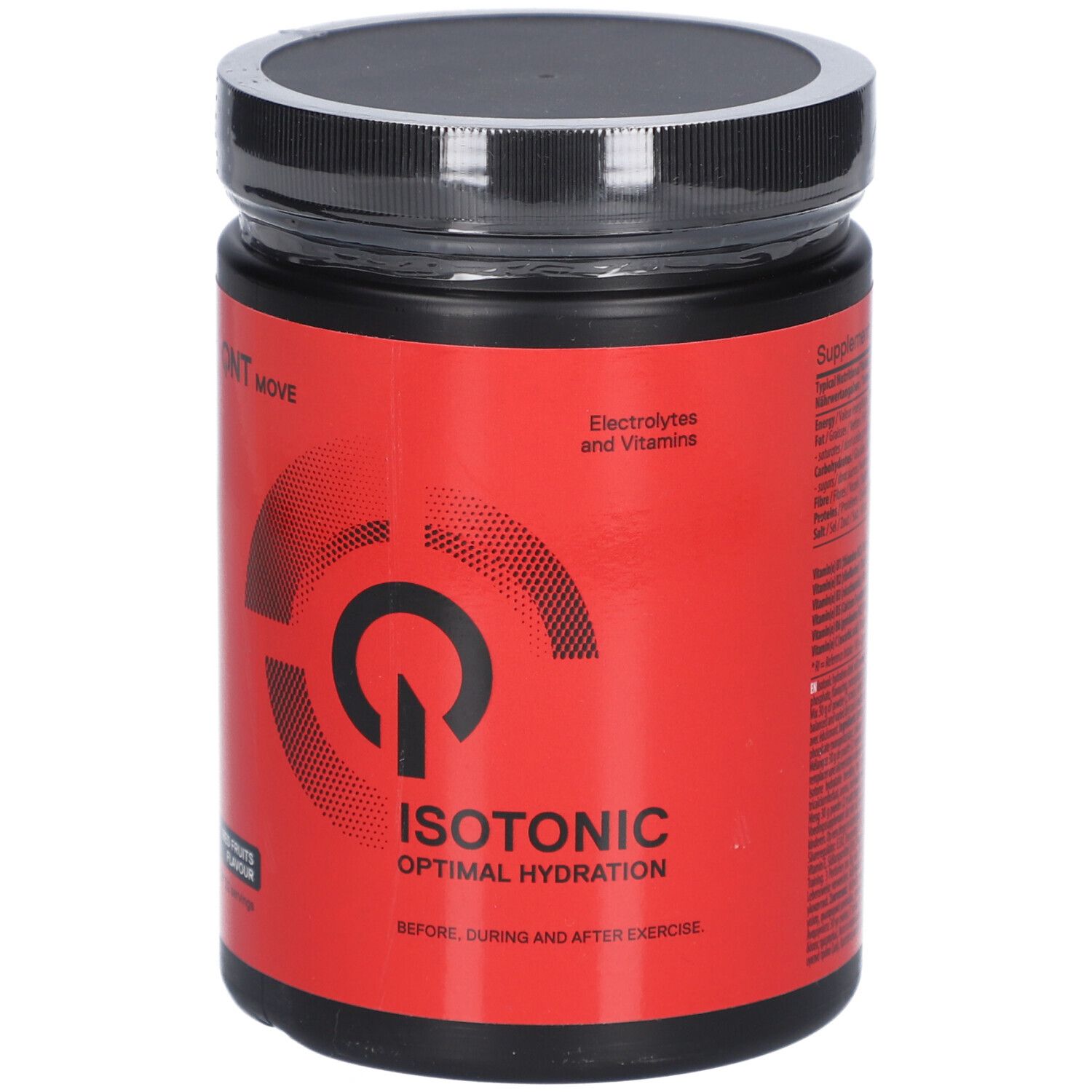 Rote Dose mit schwarzem Deckel. Aufschrift QNT MOVE, ISOTONIC. Enthält Elektrolyte und Vitamine. Vor, während und nach dem Training.