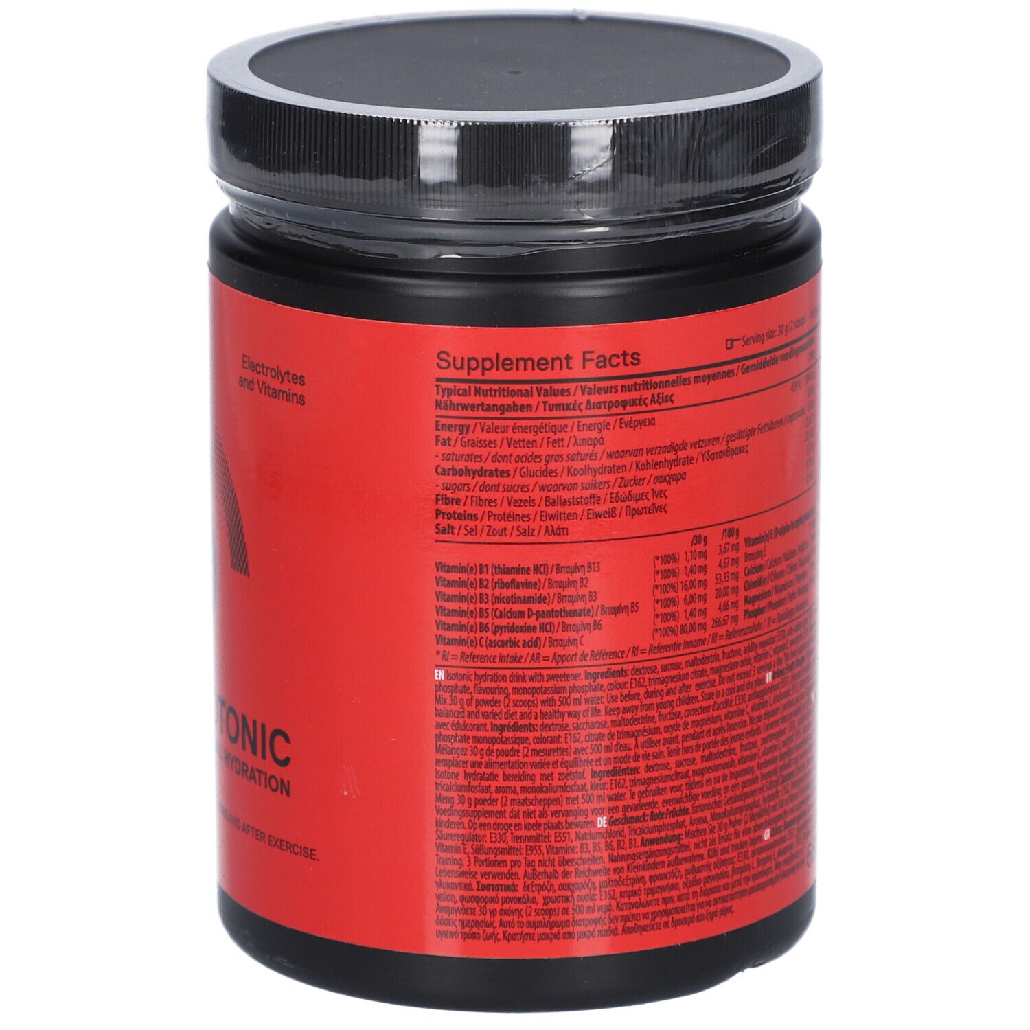 Rote Dose mit schwarzem Deckel. Rückseite mit Nährwertangaben. QNT MOVE, ISOTONIC. Enthält Elektrolyte und Vitamine.