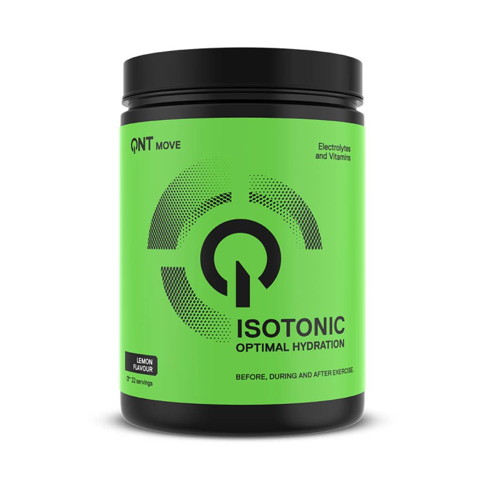 Pot vert QNT Move Isotonic. Couvercle noir. Texte: Isotonic, Optimal Hydration, Lemon Flavour.
