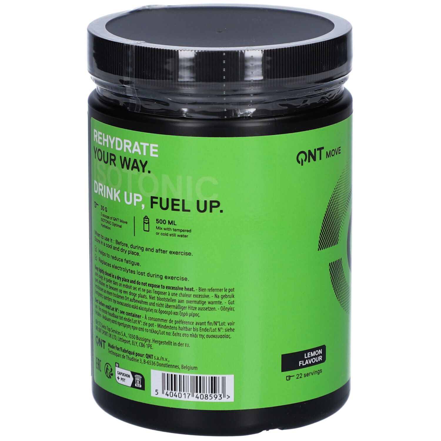 Grünes QNT Move Isotonic-Behälter mit schwarzem Deckel. Text: Rehydrate your way. Isotonic. Drink up, fuel up. Zitronengeschmack. 22 Portionen.