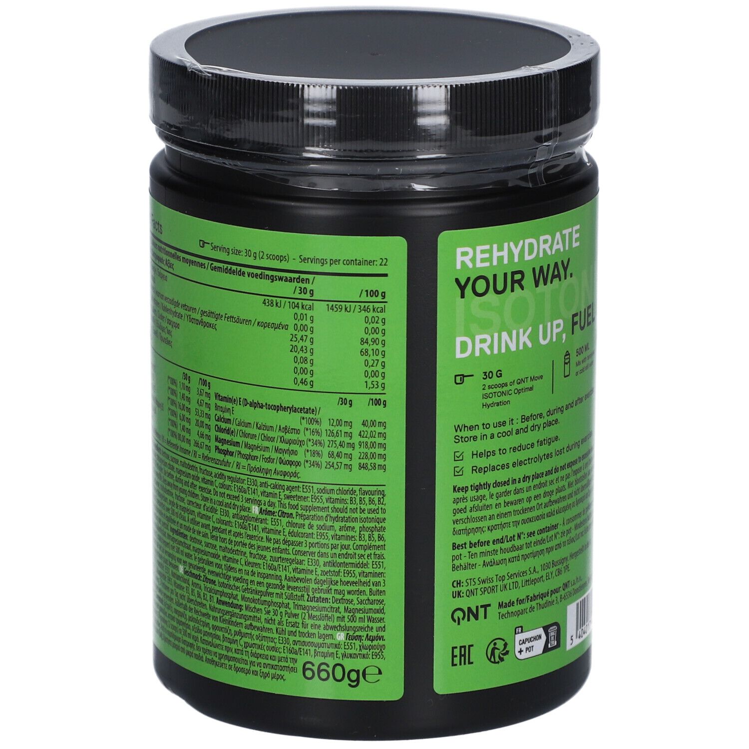 Rückseite des grünen QNT Move Isotonic-Behälters. Enthält Nährwertangaben und Zutaten. Schwarzer Deckel. 660g.