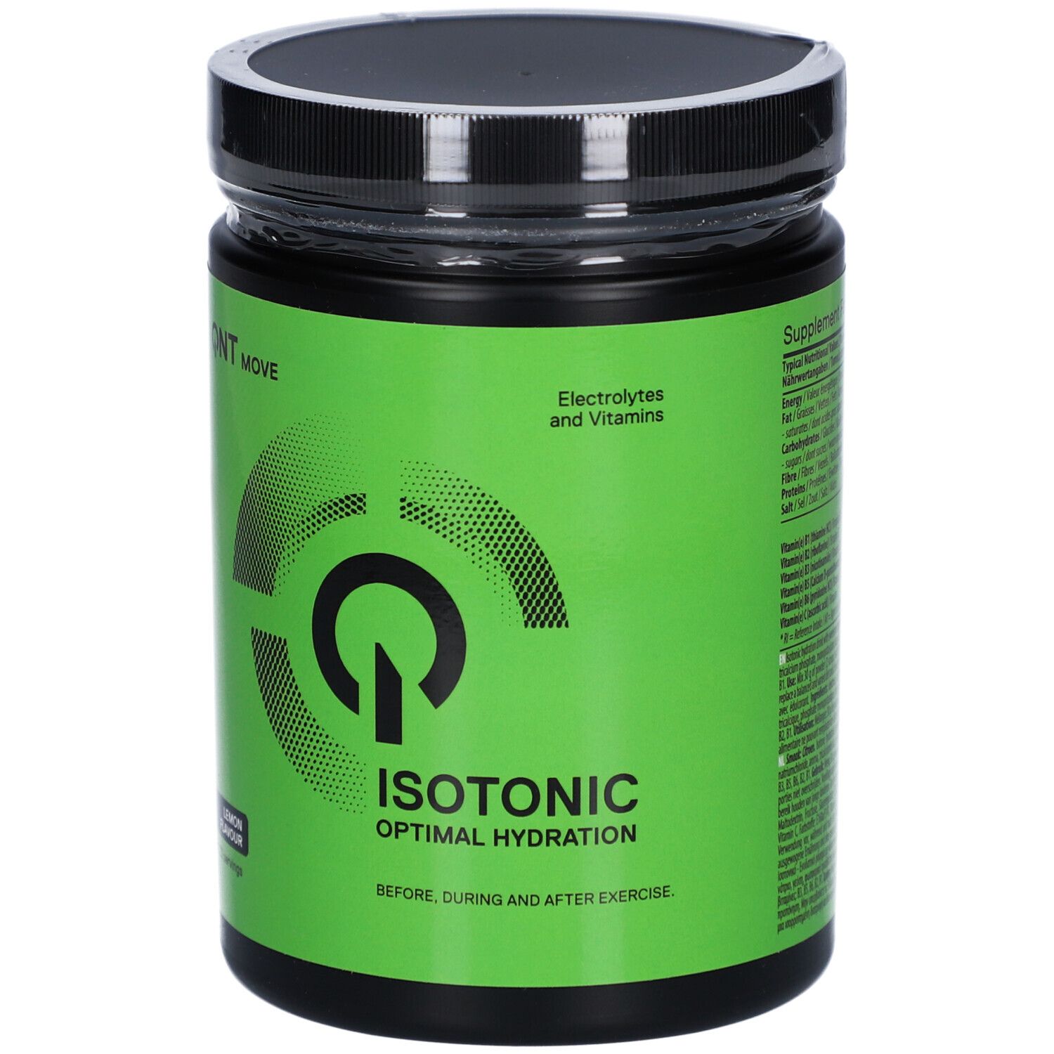 Grünes QNT Move Isotonic-Behälter. Schwarzer Deckel. Text: Isotonic, Optimal Hydration, Elektrolyte und Vitamine.