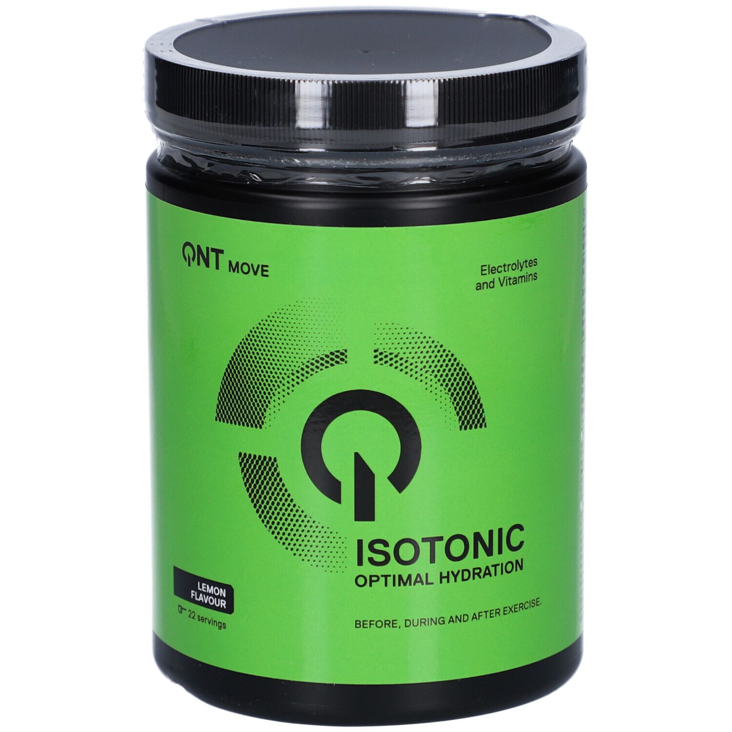Grüner QNT Move Isotonic-Behälter mit schwarzem Deckel. Text: Isotonic, optimale Hydratation. Elektrolyte und Vitamine. Zitronengeschmack. 22 Portionen.