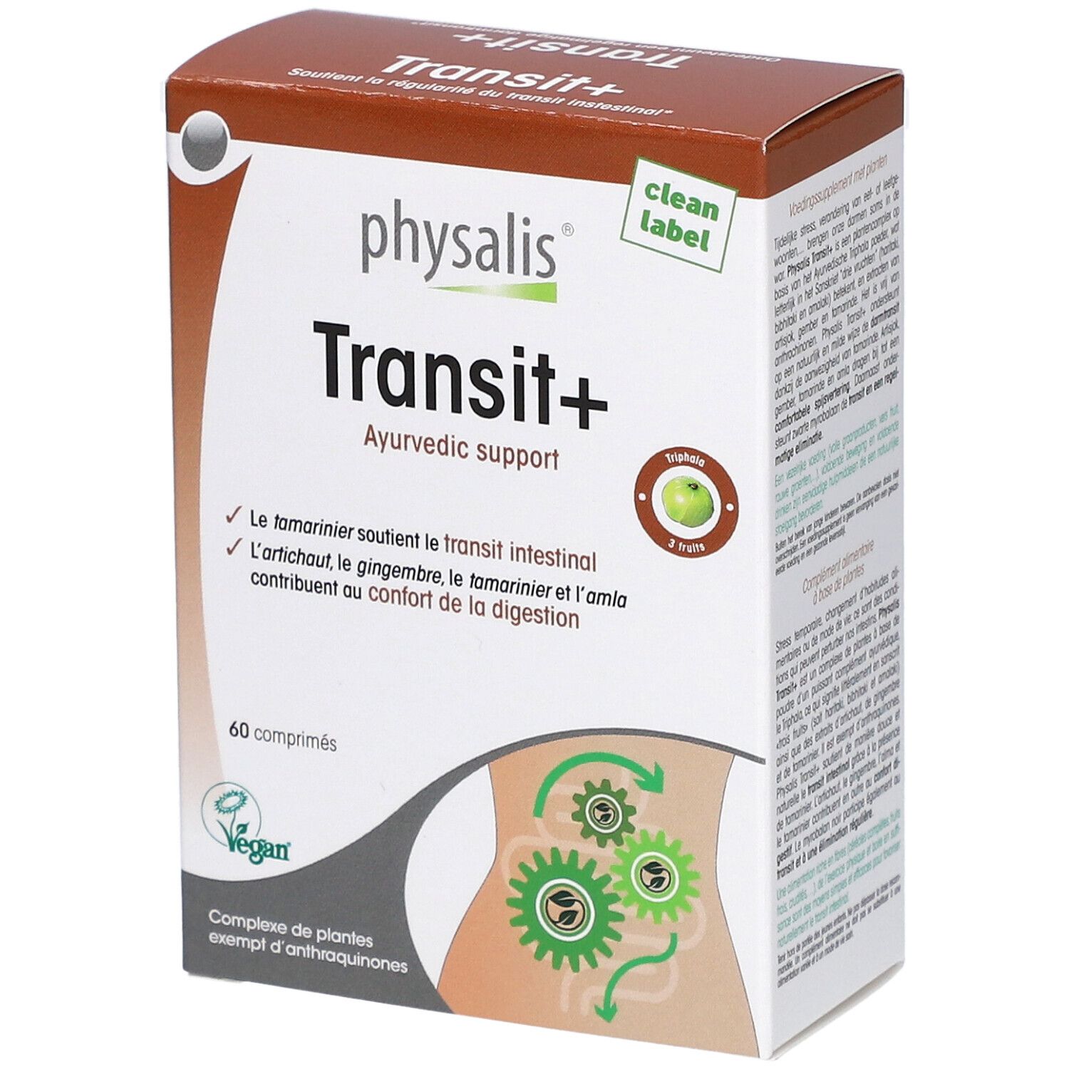 Kartonverpackung von Physalis Transit+ mit 60 Tabletten. Aufschrift: Ayurvedic support. Vegan-Siegel.