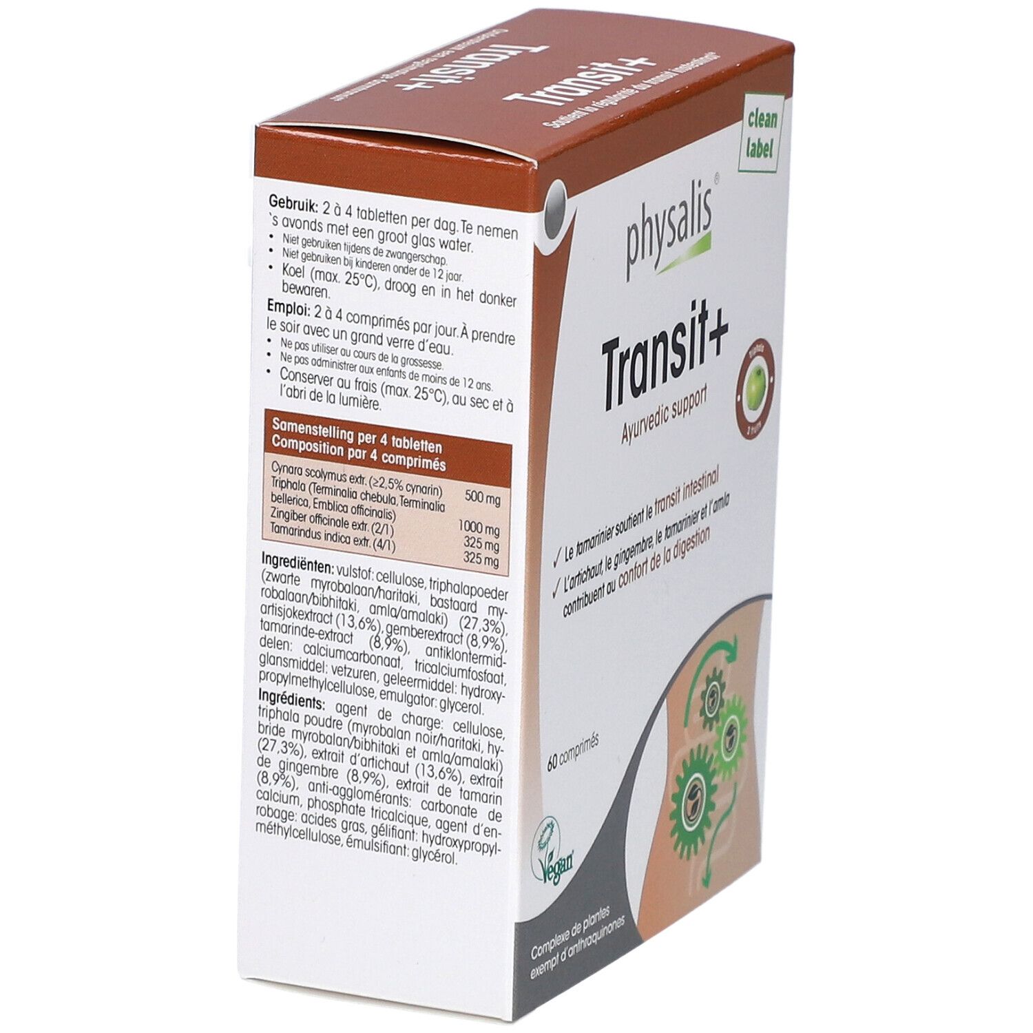 Kartonverpackung von Physalis Transit+ mit Inhaltsangaben und Dosierung. Vegan-Siegel. Clean Label.