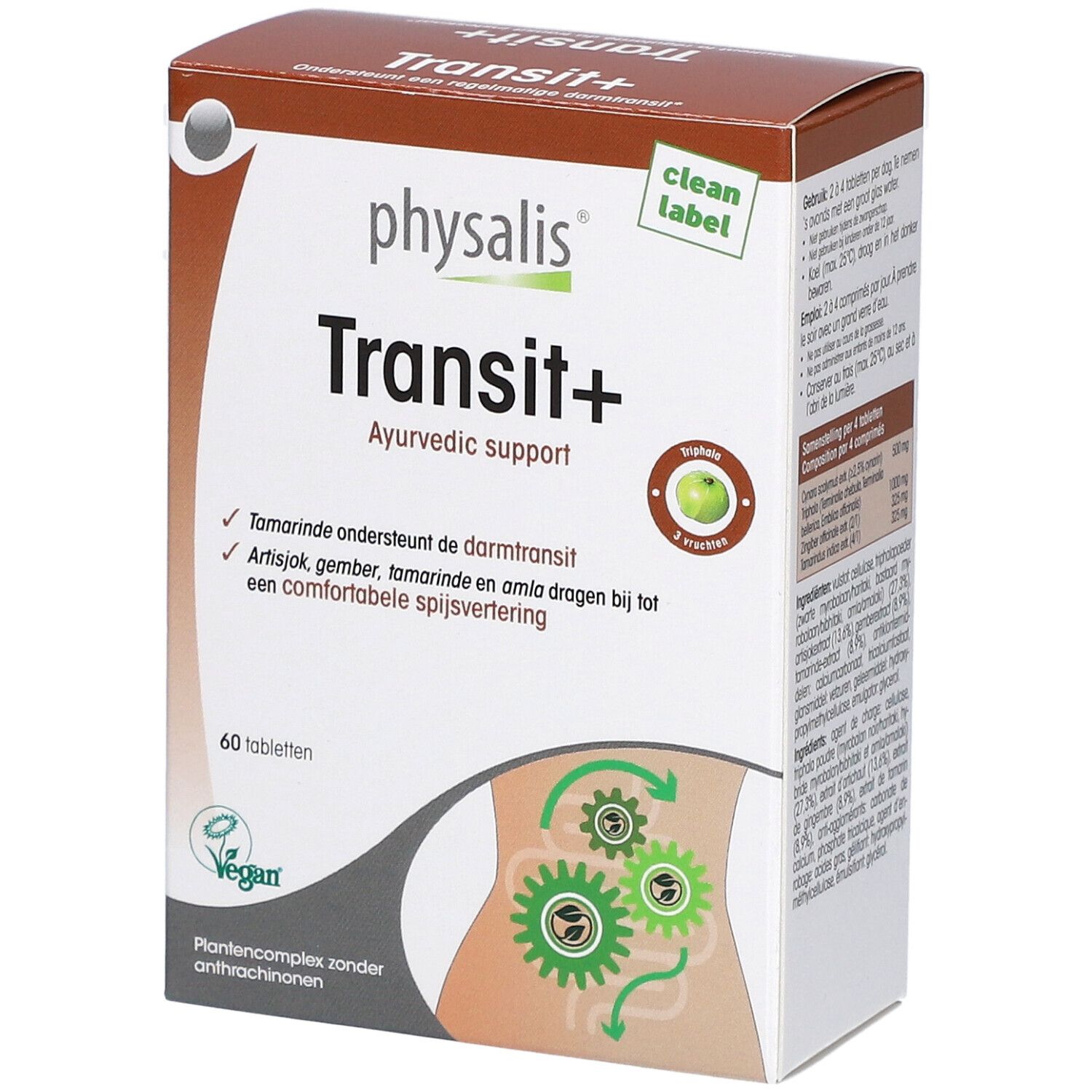 Kartonverpackung von Physalis Transit+ mit 60 Tabletten. Aufschrift: Ayurvedic support. Vegan-Siegel.