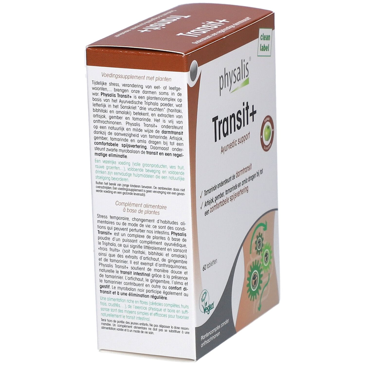Kartonverpackung von Physalis Transit+ mit Text über die Inhaltsstoffe. Vegan-Siegel. Clean Label.
