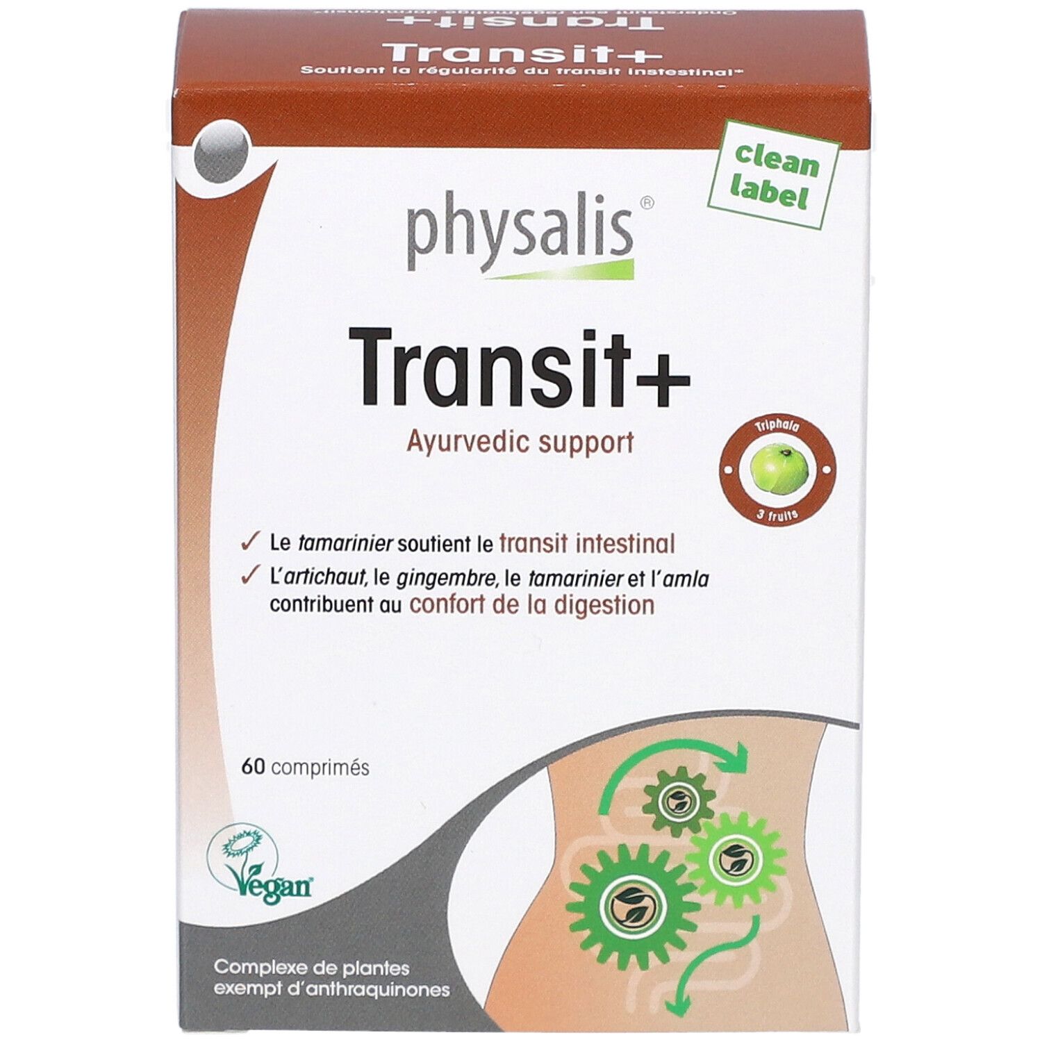 Kartonverpackung von Physalis Transit+ mit 60 Tabletten. Aufschrift: Ayurvedic support. Vegan-Siegel.