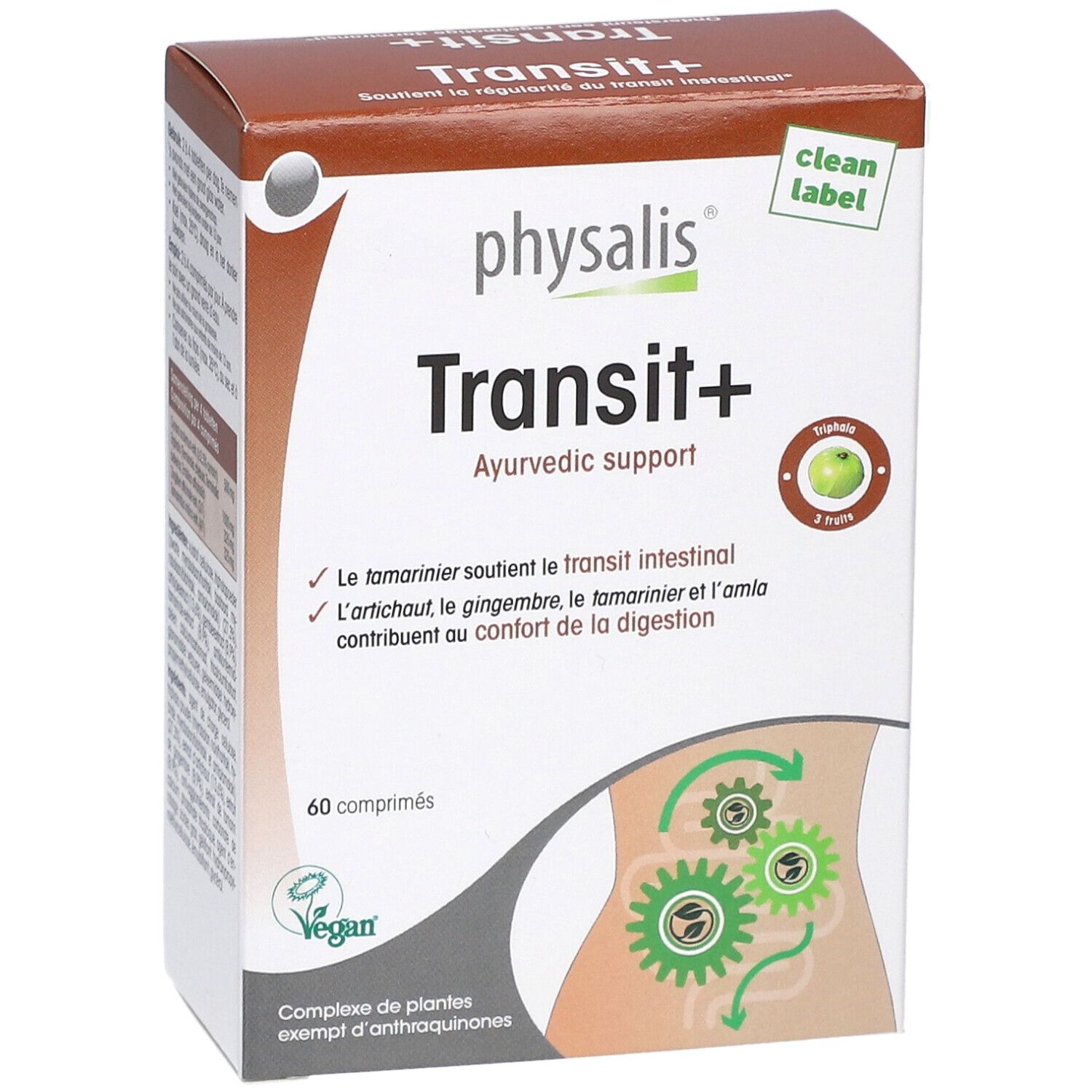 Kartonverpackung von Physalis Transit+ mit 60 Tabletten. Aufschrift: Ayurvedic support. Vegan-Siegel.