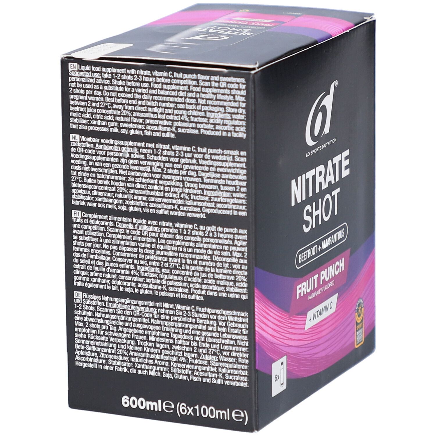 Rückseite der 6d Nitrate Shot-Box. Text mit Nährwertangaben und Inhaltsstoffen. 600ml (6x100ml).