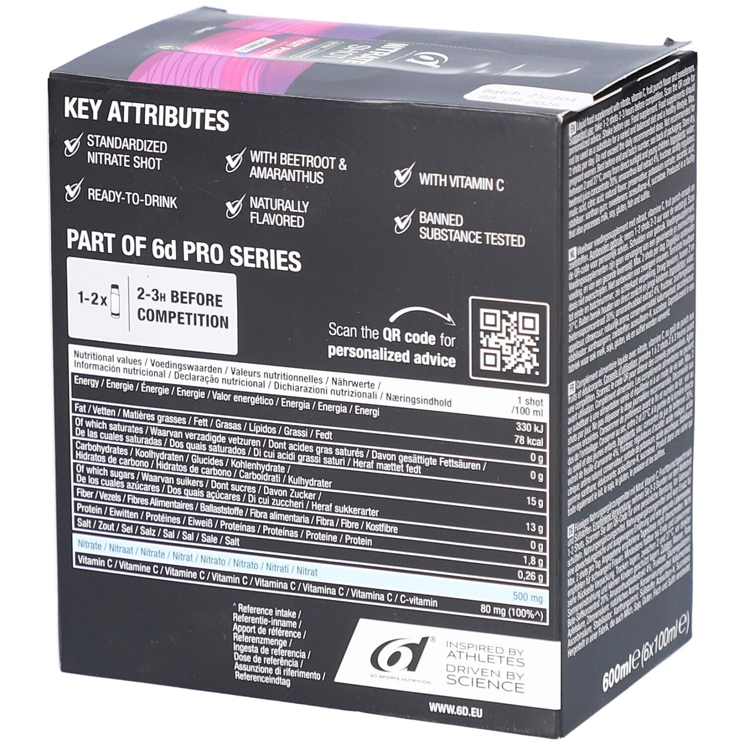 Rückseite der 6d Nitrate Shot-Box. Text mit Schlüsselattributen und Nährwertangaben. QR-Code.