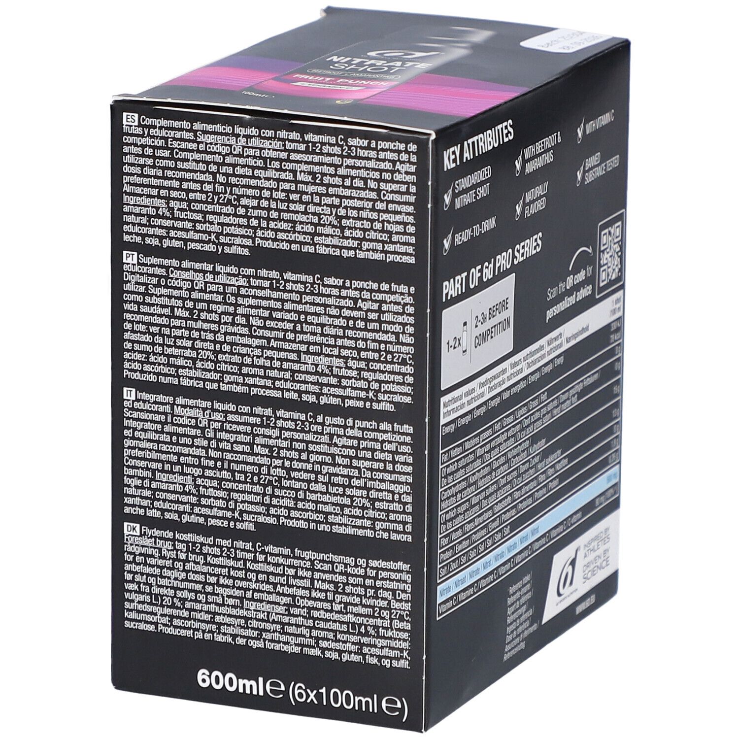 Rückseite der 6d Nitrate Shot-Box. Text mit Anwendungshinweisen und Inhaltsstoffen. 600ml (6x100ml).