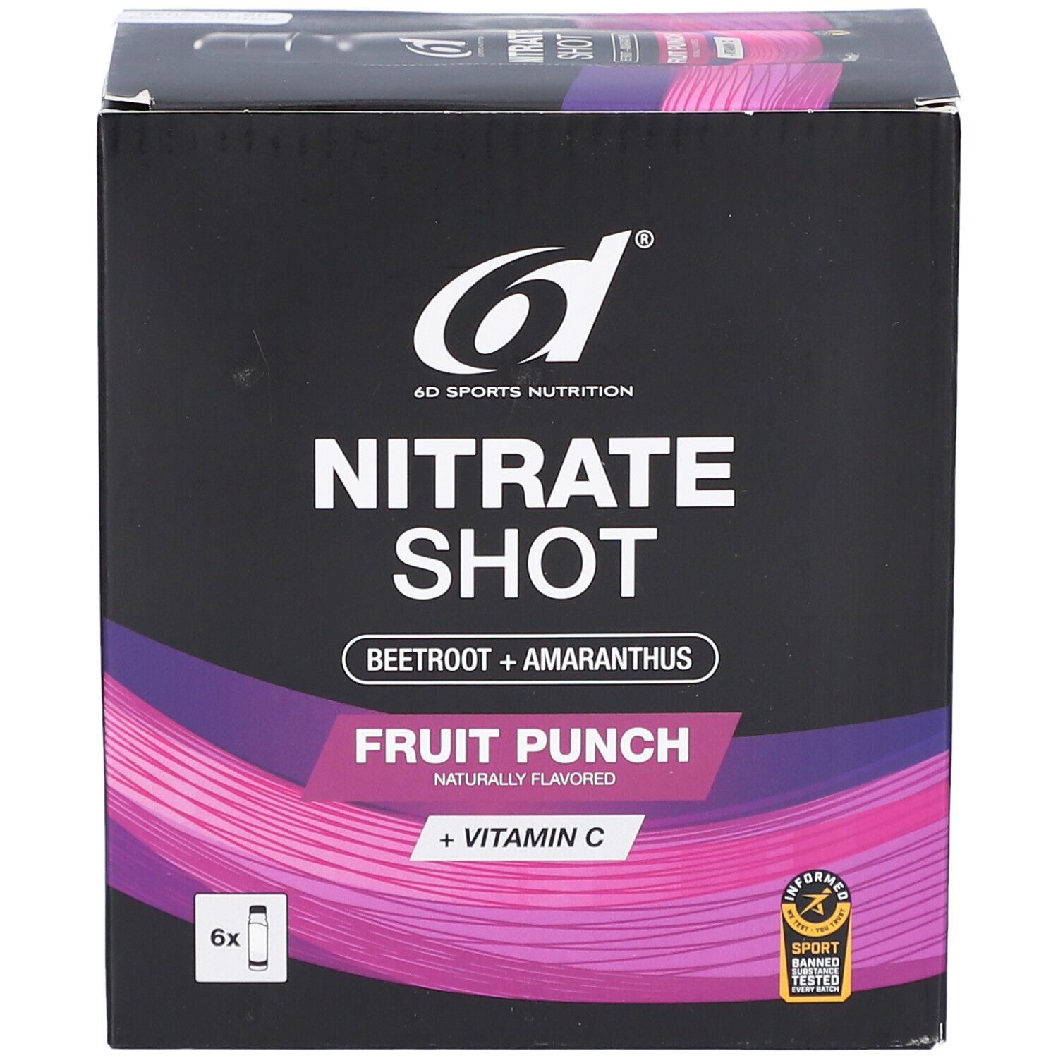 6d Nitrate Shot-Box. Aufschrift: Nitrate Shot, Fruit Punch, Vitamin C. Mit Rote Bete und Amaranth. 6 Shots.