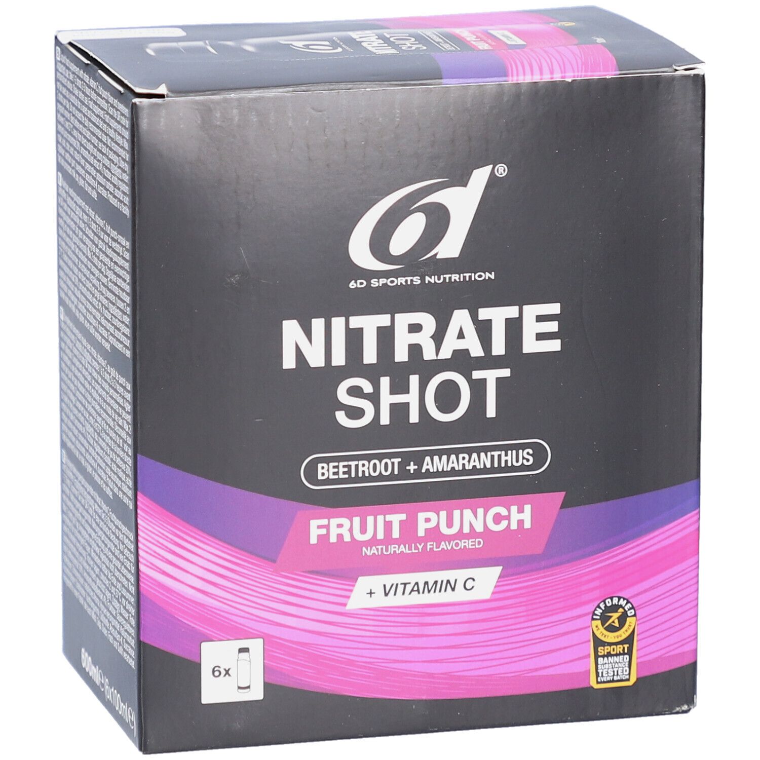 6d Nitrate Shot-Box. Aufschrift: Nitrate Shot, Fruit Punch, Vitamin C. Mit Rote Bete und Amaranth. 6 Shots.