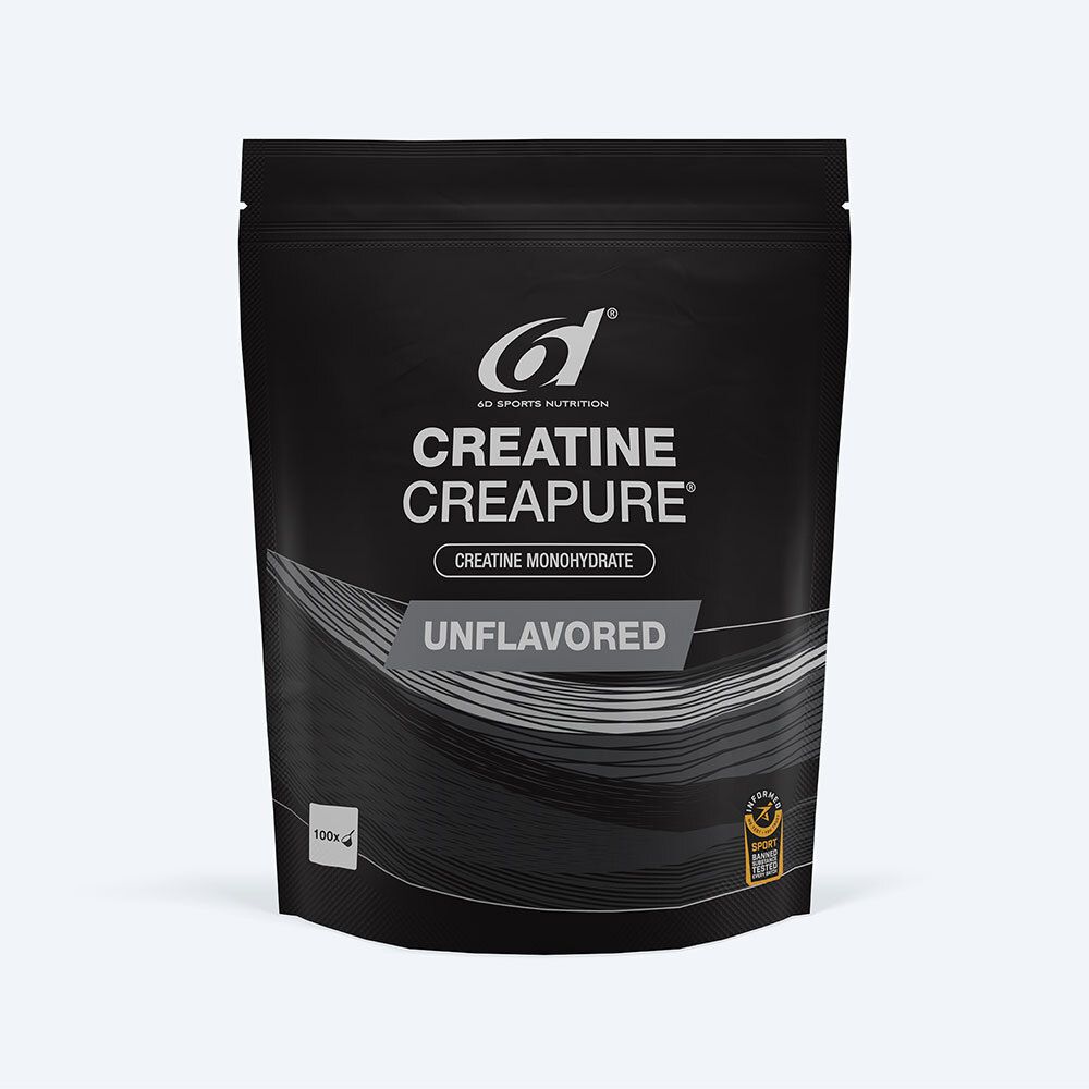 Sachet noir de 6d Sport Nutrition Creatine Creapure®. Inscription: Creatine Monohydrate, Unflavored. Sceau.