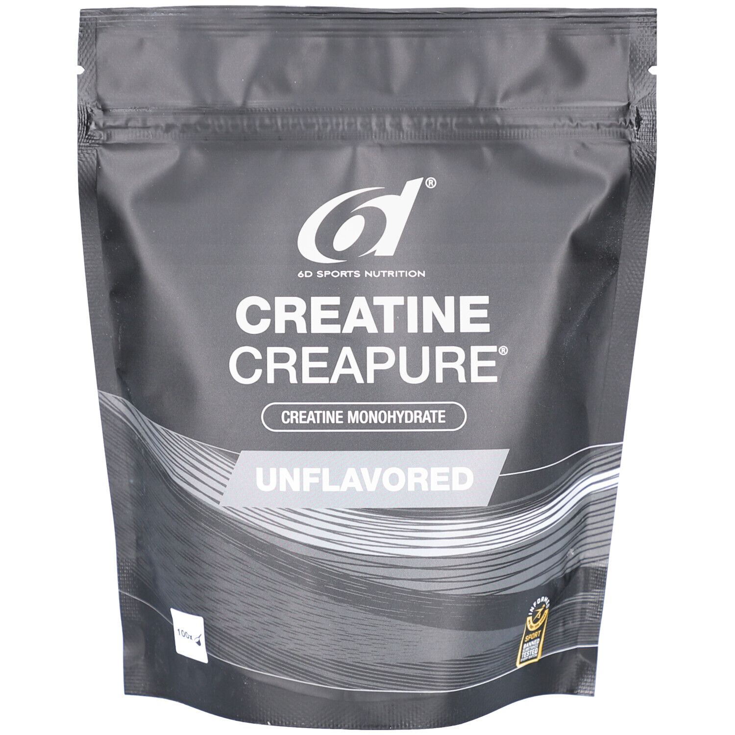 Beutel mit 6d Sport Nutrition Creatine Creapure®. Aufschrift: Creatine Monohydrate, Unflavored. Grau-schwarzes Design.