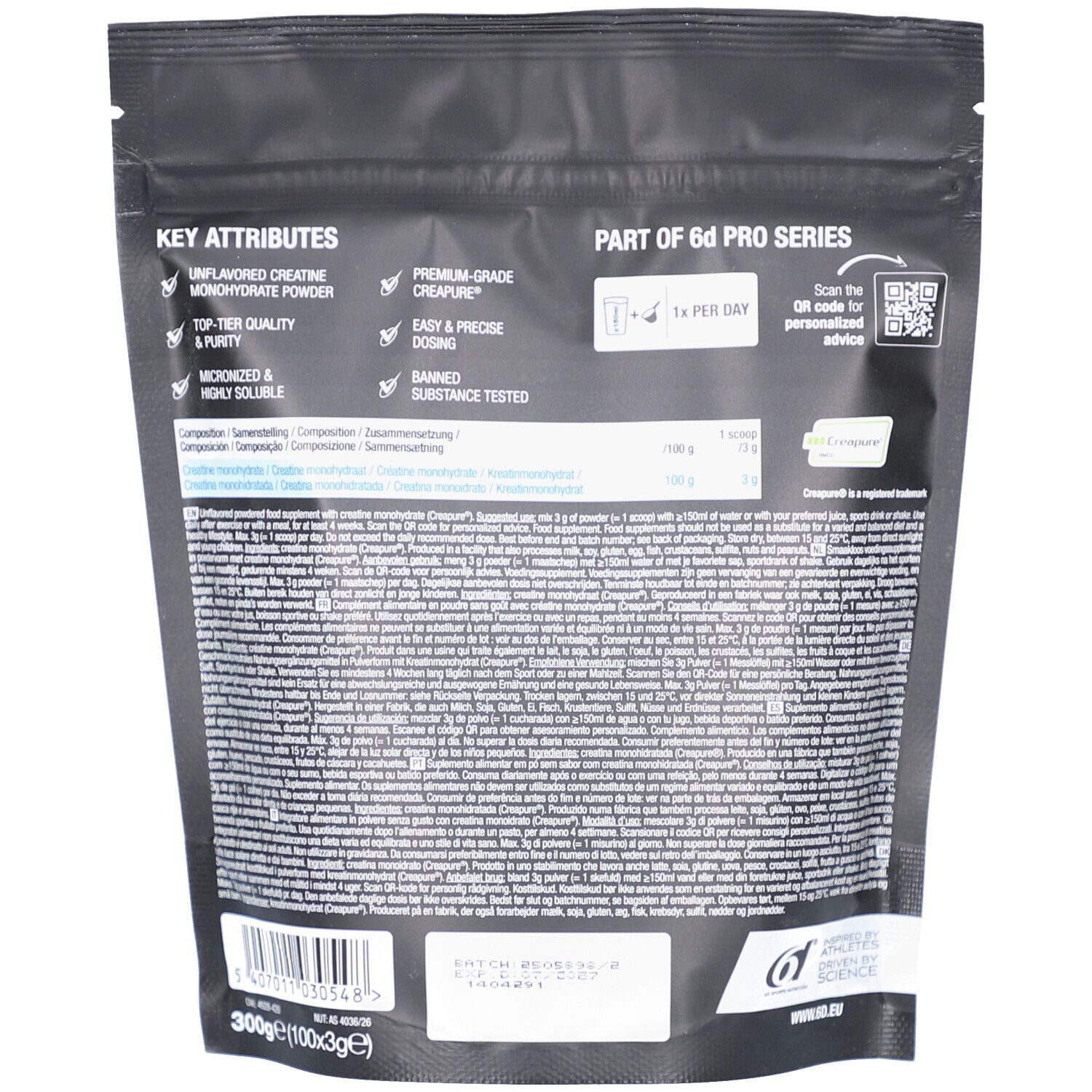 Rückseite des Beutels mit Produktinformationen. Enthält Text, QR-Code und Logos. Teil der 6d pro Serie.