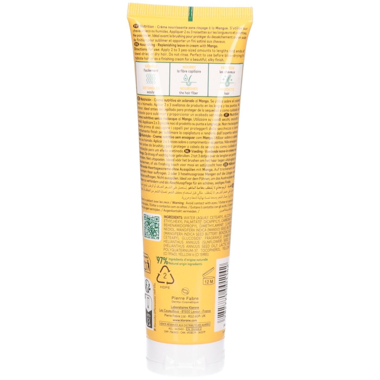 Rückseite der Klorane Leave-In-Creme mit Mango für trockenes Haar.