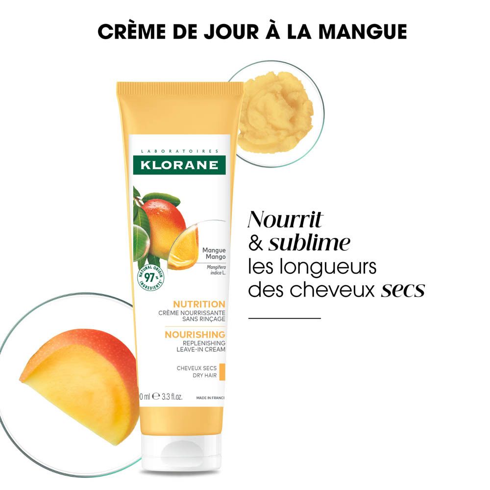 Crème Klorane sans rinçage à la mangue pour cheveux secs, avec fruits de mangue.
