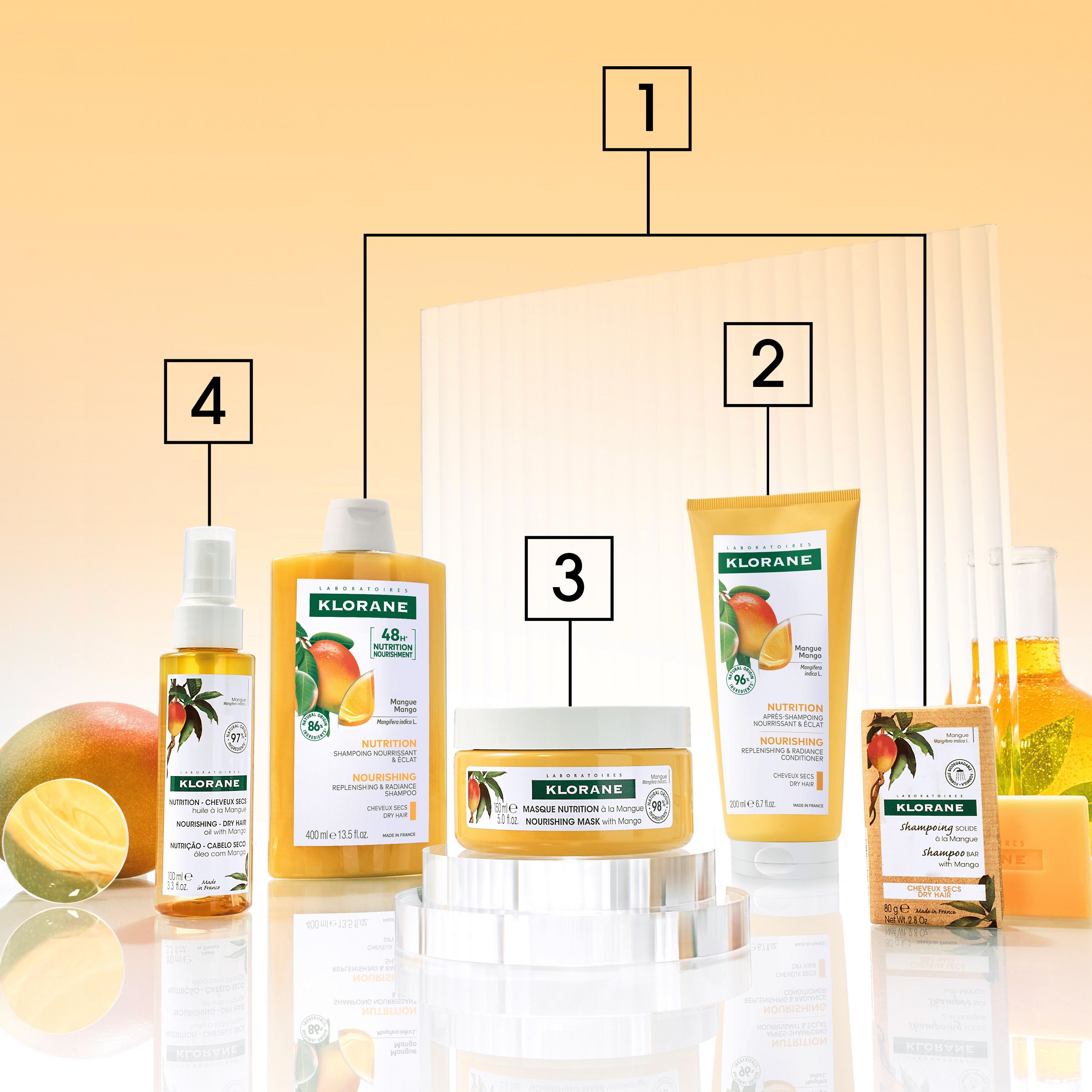 Crème Klorane sans rinçage à la mangue pour cheveux secs, avec fruits de mangue.