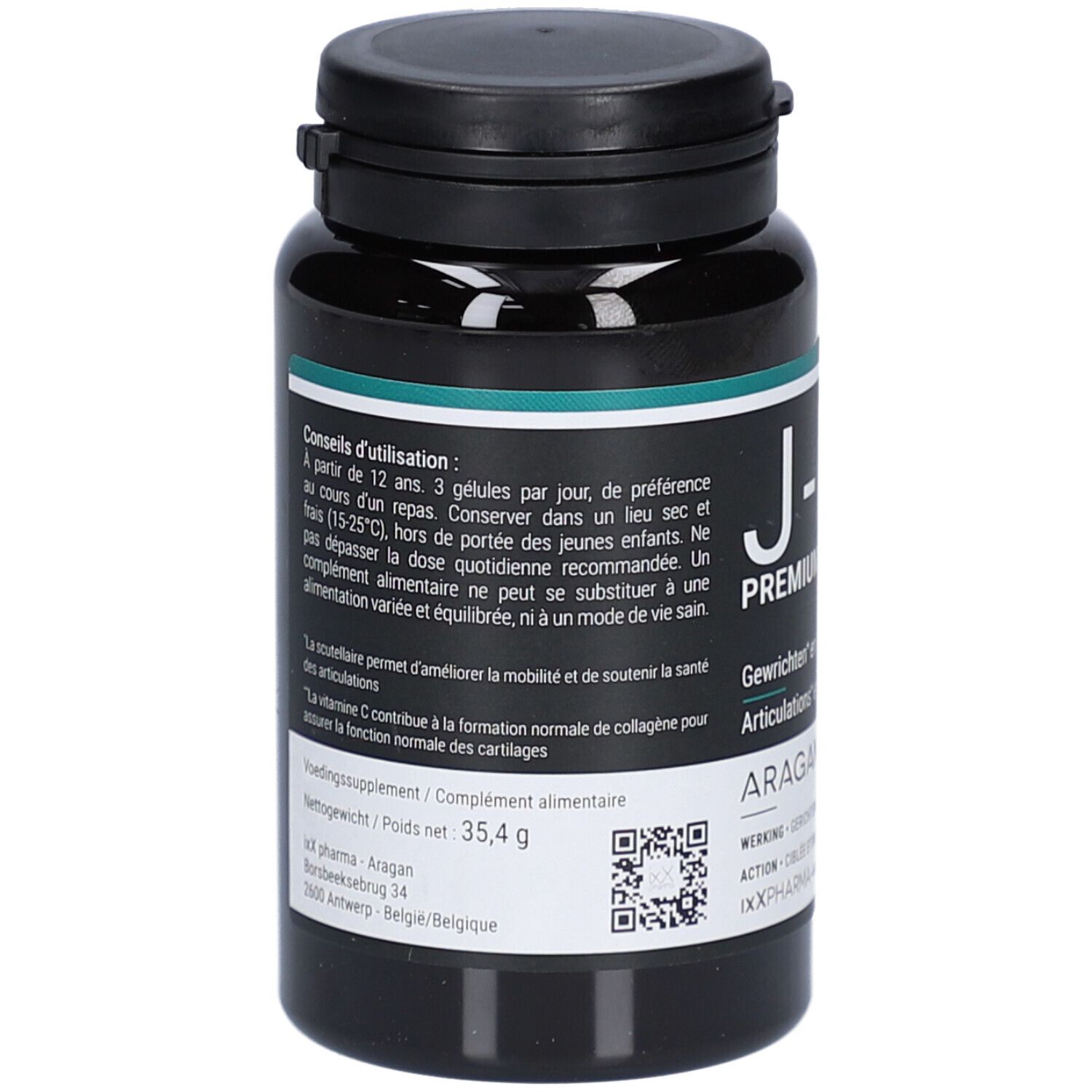 Schwarze Flasche mit schwarzem Deckel. Aufschrift: J-ixx Premium. Text: Gelenke und Knorpel. Rückseite mit Text und QR-Code.