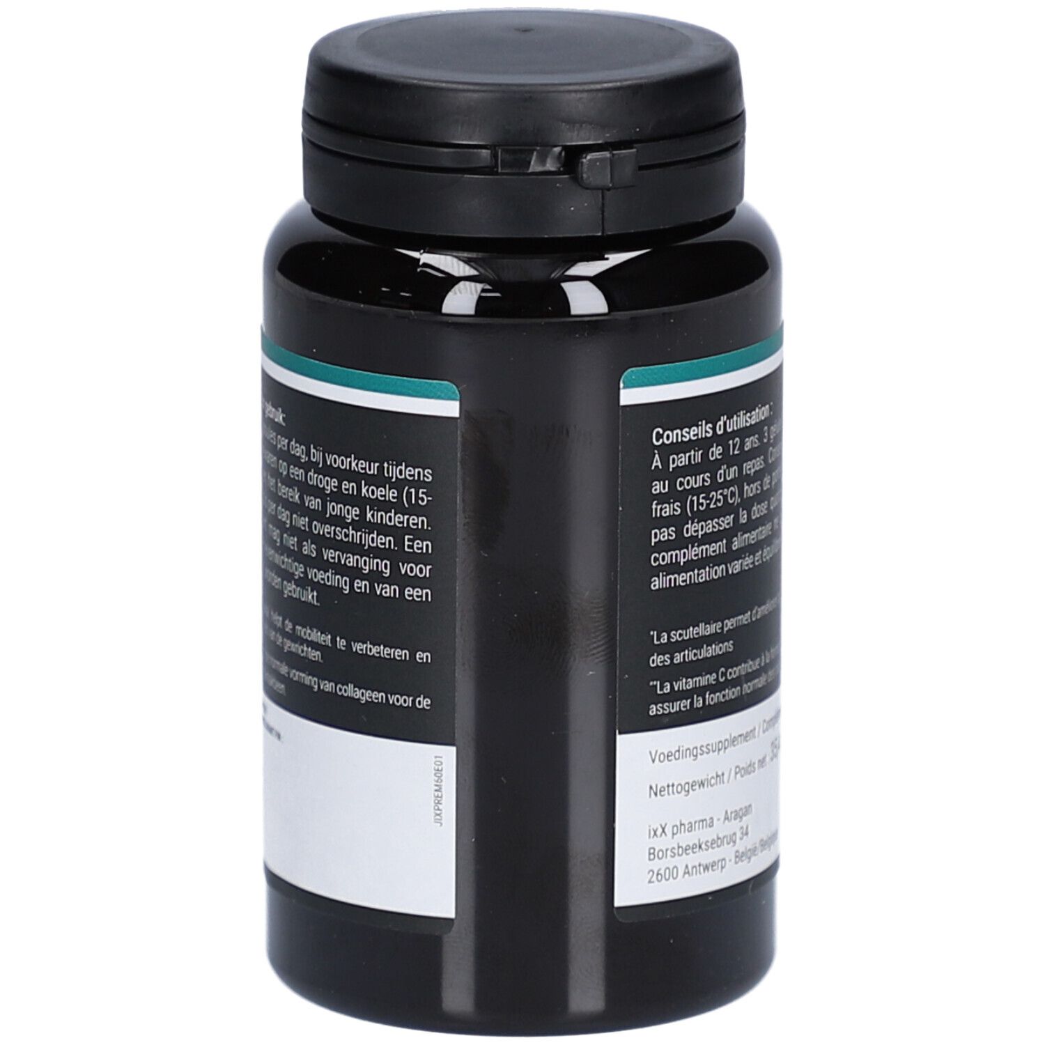 Schwarze Flasche mit schwarzem Deckel. Aufschrift: J-ixx Premium. Text: Gelenke und Knorpel. Rückseite mit Text.