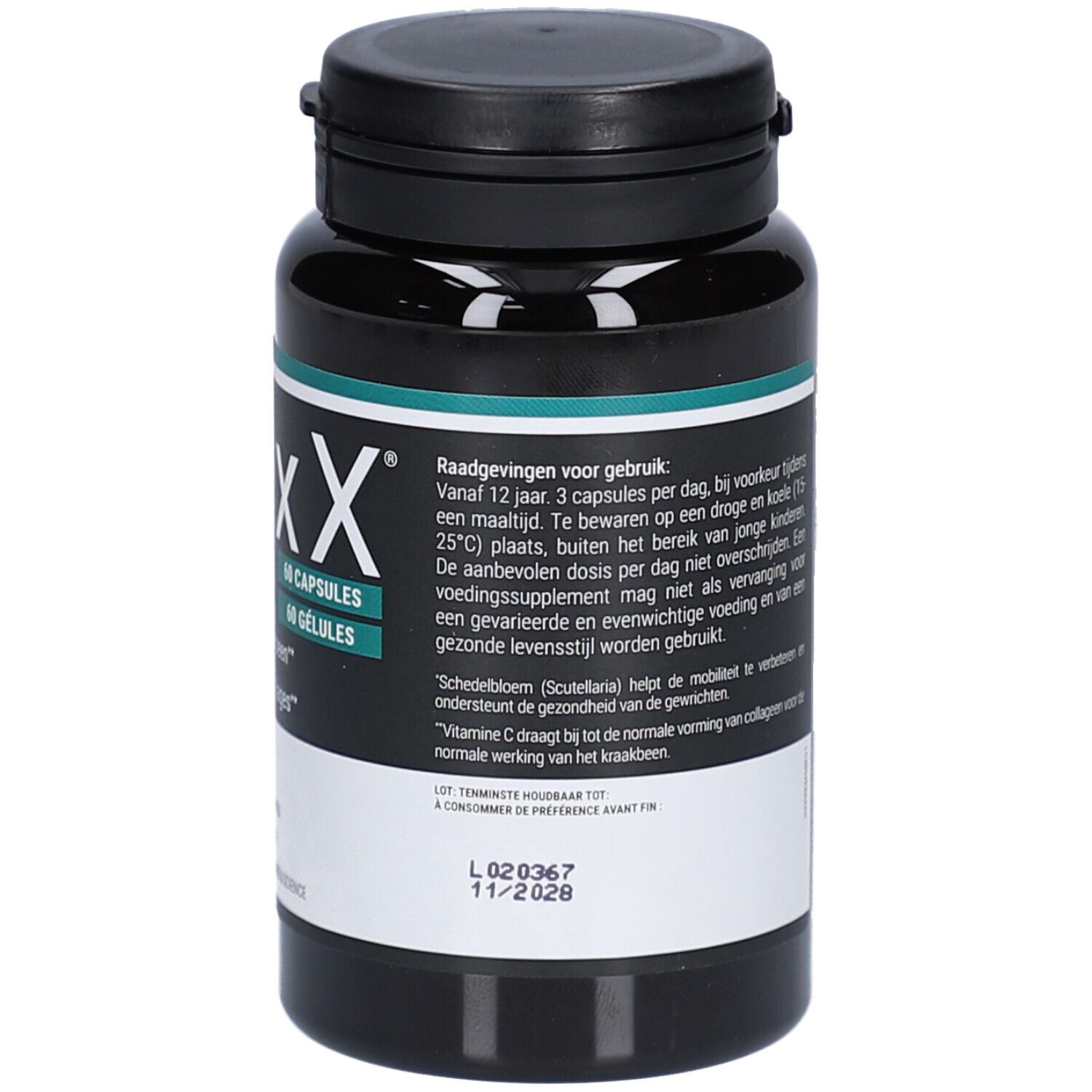 Schwarze Flasche mit schwarzem Deckel. Aufschrift: J-ixx Premium. Text: Gelenke und Knorpel. Rückseite mit Text und Datum.