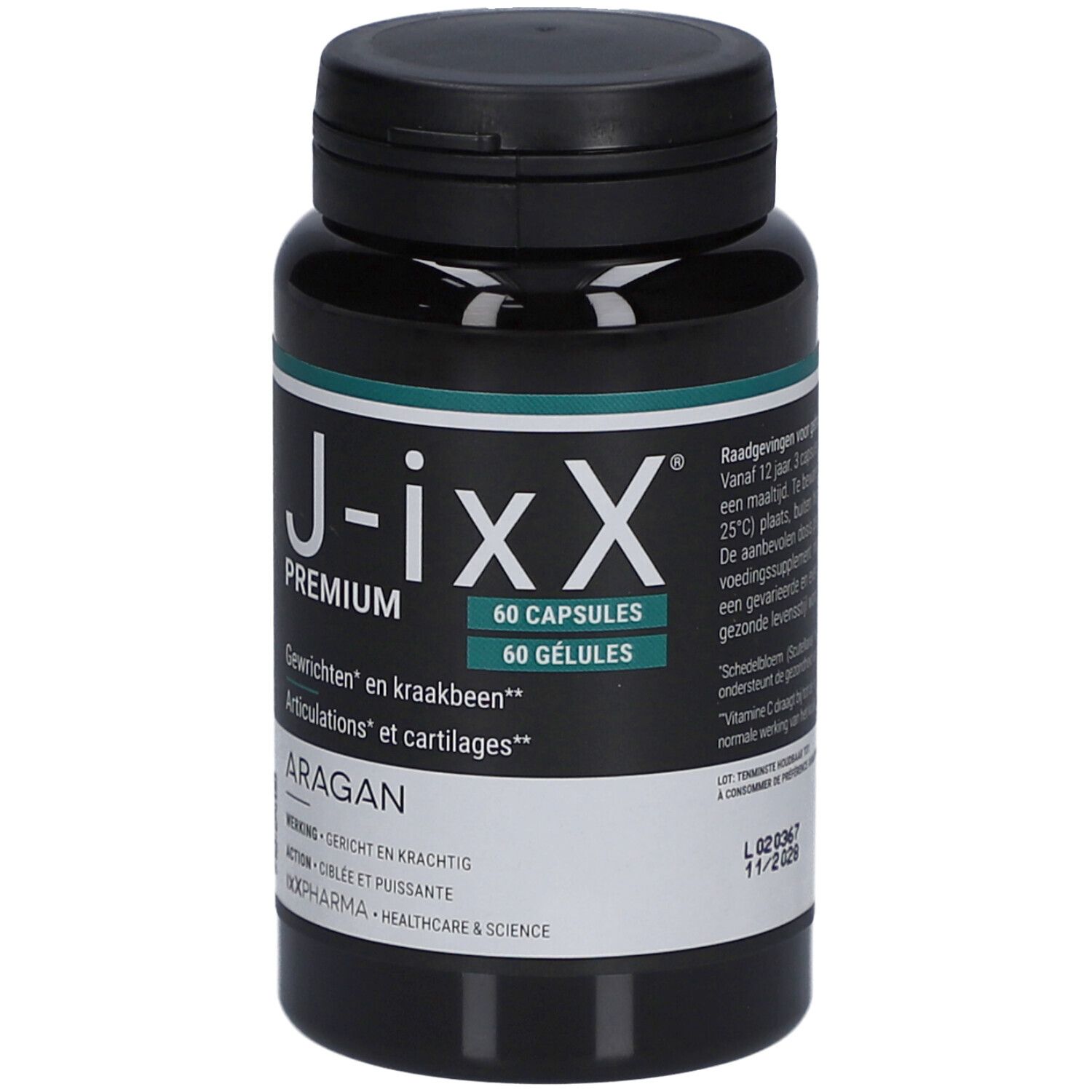 Schwarze Flasche mit schwarzem Deckel. Aufschrift: J-ixx Premium, 60 Kapseln. Text: Gelenke und Knorpel. Marke: Aragan.