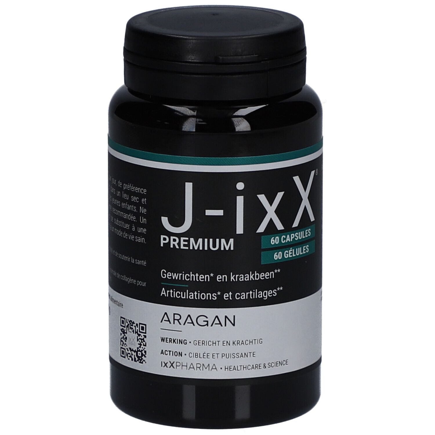 Schwarze Flasche mit schwarzem Deckel. Aufschrift: J-ixx Premium, 60 Kapseln. Text: Gelenke und Knorpel. Marke: Aragan.