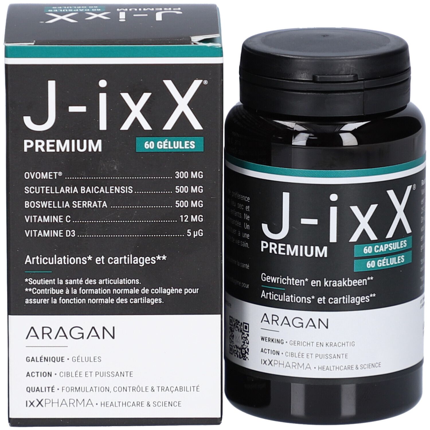 Produktverpackung und Flasche. Aufschrift: J-ixx Premium, 60 Kapseln. Text: Gelenke und Knorpel. Inhaltsstoffe. Marke: Aragan.