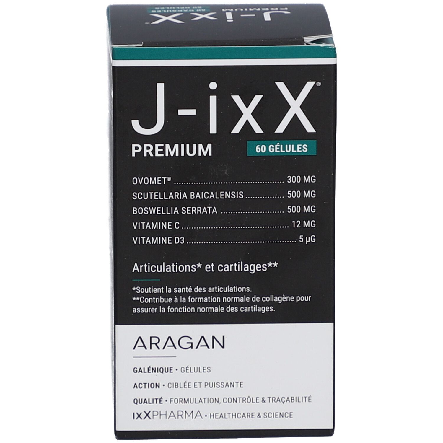 Produktverpackung. Aufschrift: J-ixx Premium, 60 Kapseln. Text: Gelenke und Knorpel. Inhaltsstoffe. Marke: Aragan.