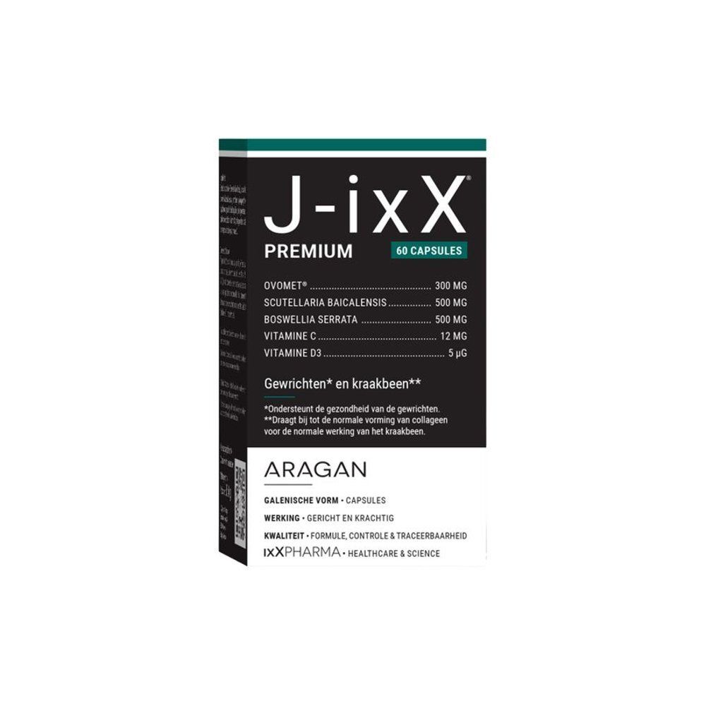 Emballage du produit. Inscription : J-ixx Premium, 60 gélules. Texte : Articulations et cartilages. Ingrédients. Marque : Aragan.