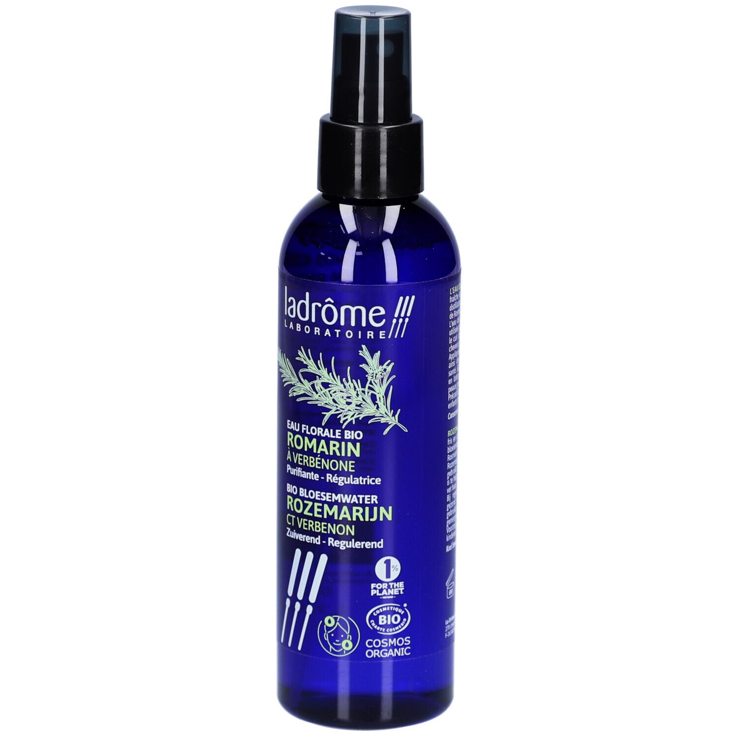 Flacon bleu avec vaporisateur. Inscriptions: Ladrome Laboratoire, Eau Florale Bio Romarin à Verbenone, Bio Bloesemwater Rozemarijn Ct Verbenon.