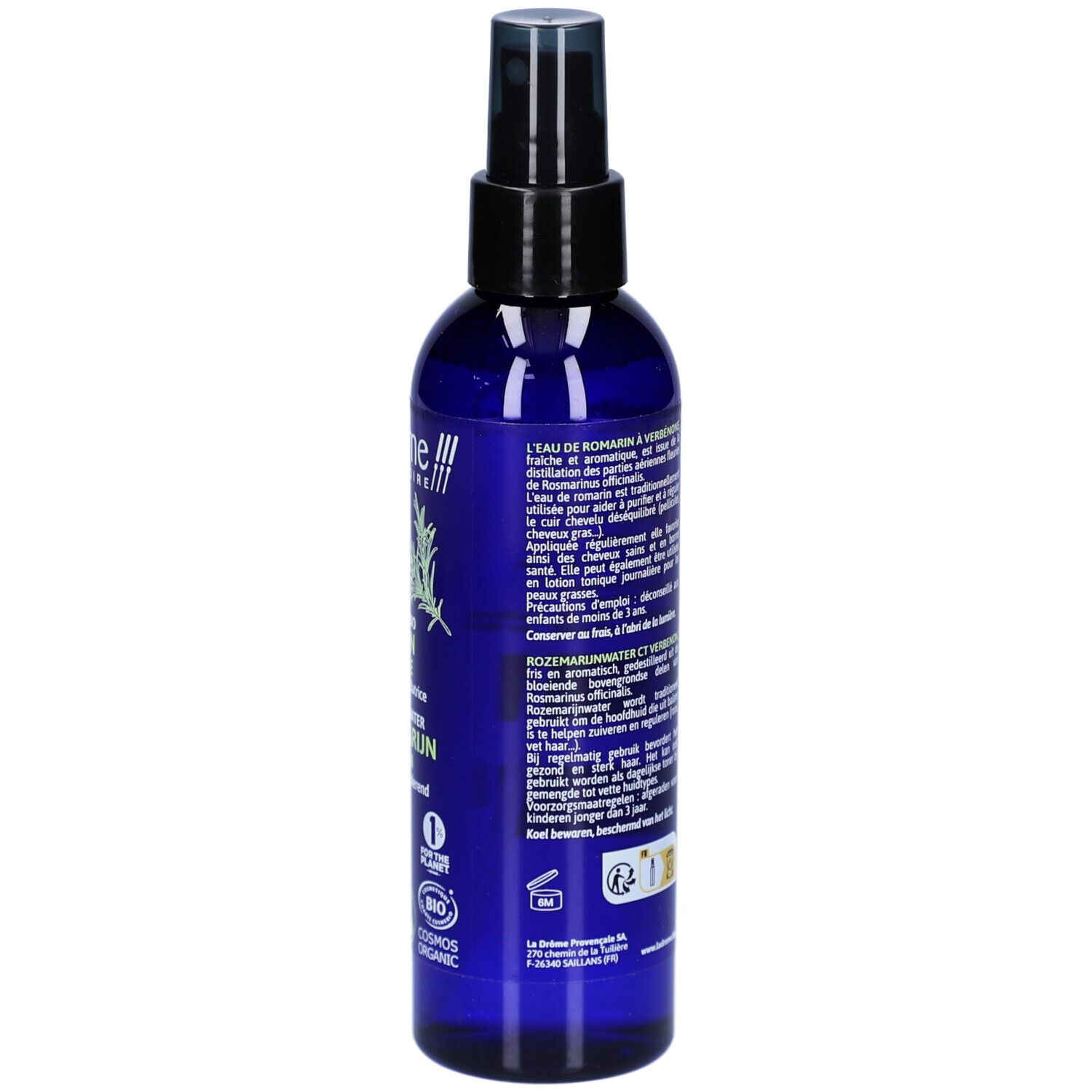 Dos d'un flacon bleu. Texte: Ingrédients, numéro de lot, date de péremption, code QR, certification COSMOS ORGANIC.