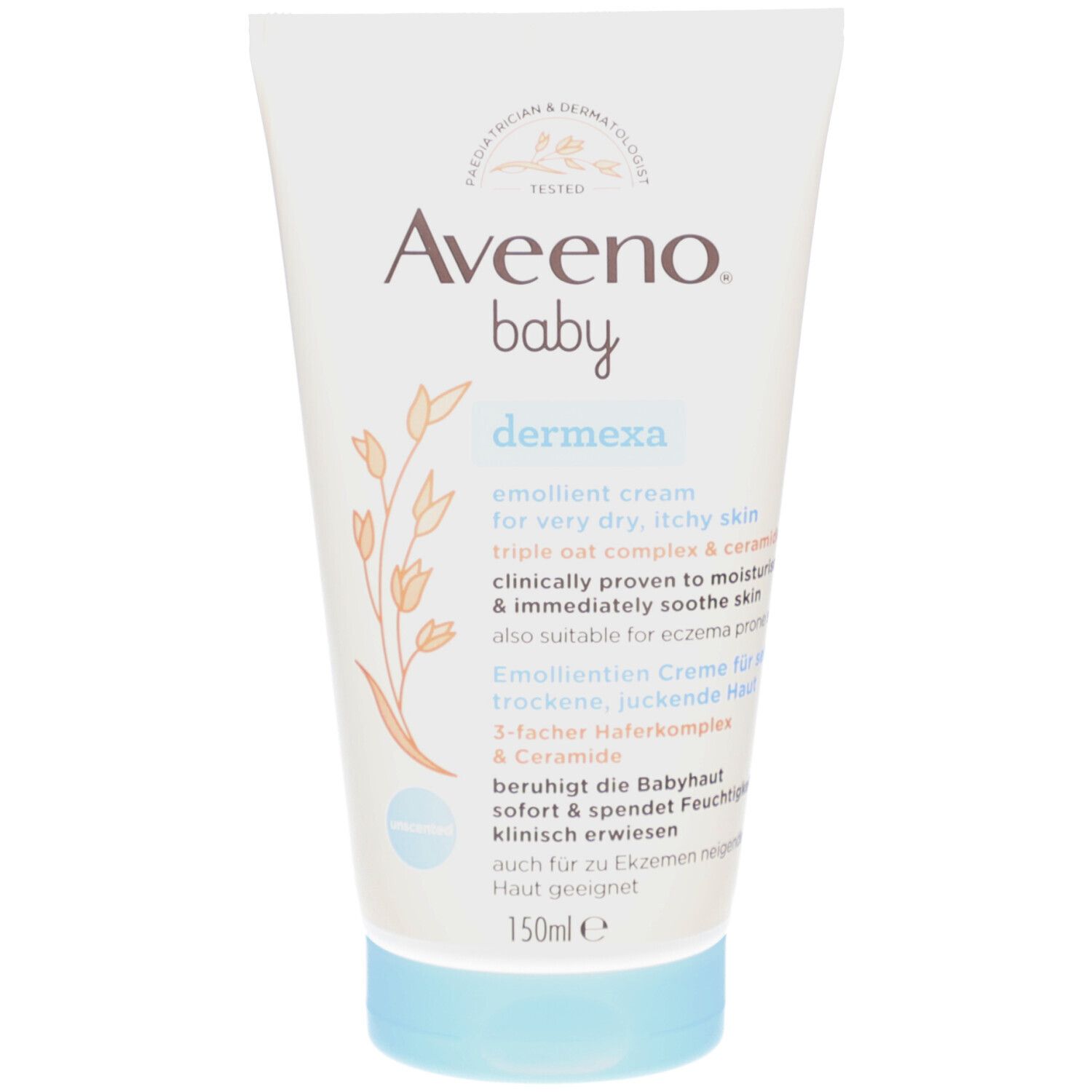 Aveeno Baby Dermexa Creme, Tube. Weiße Tube mit blauem Deckel. Text: Dermexa, 150ml.
