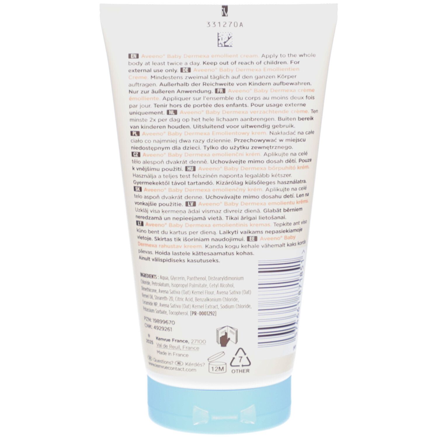 Rückseite der Aveeno Baby Dermexa Creme Tube. Text in mehreren Sprachen.